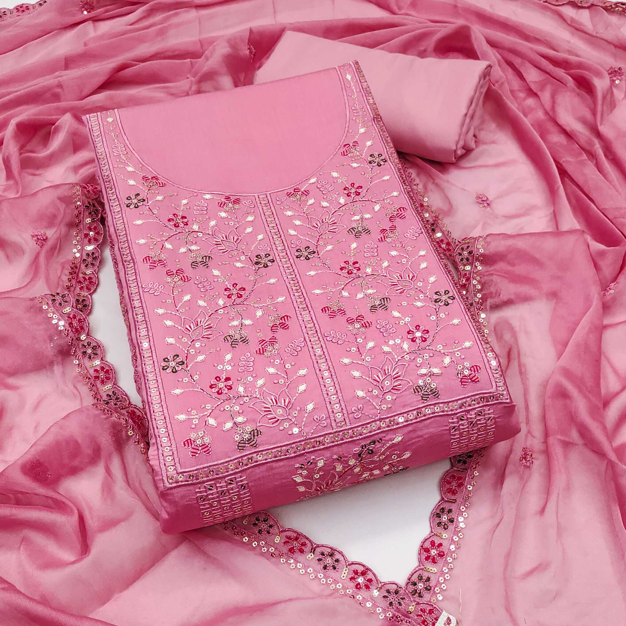 Pink Floral Embroidered Cotton Silk Dress Material With Glimmering Floral Sequins Work