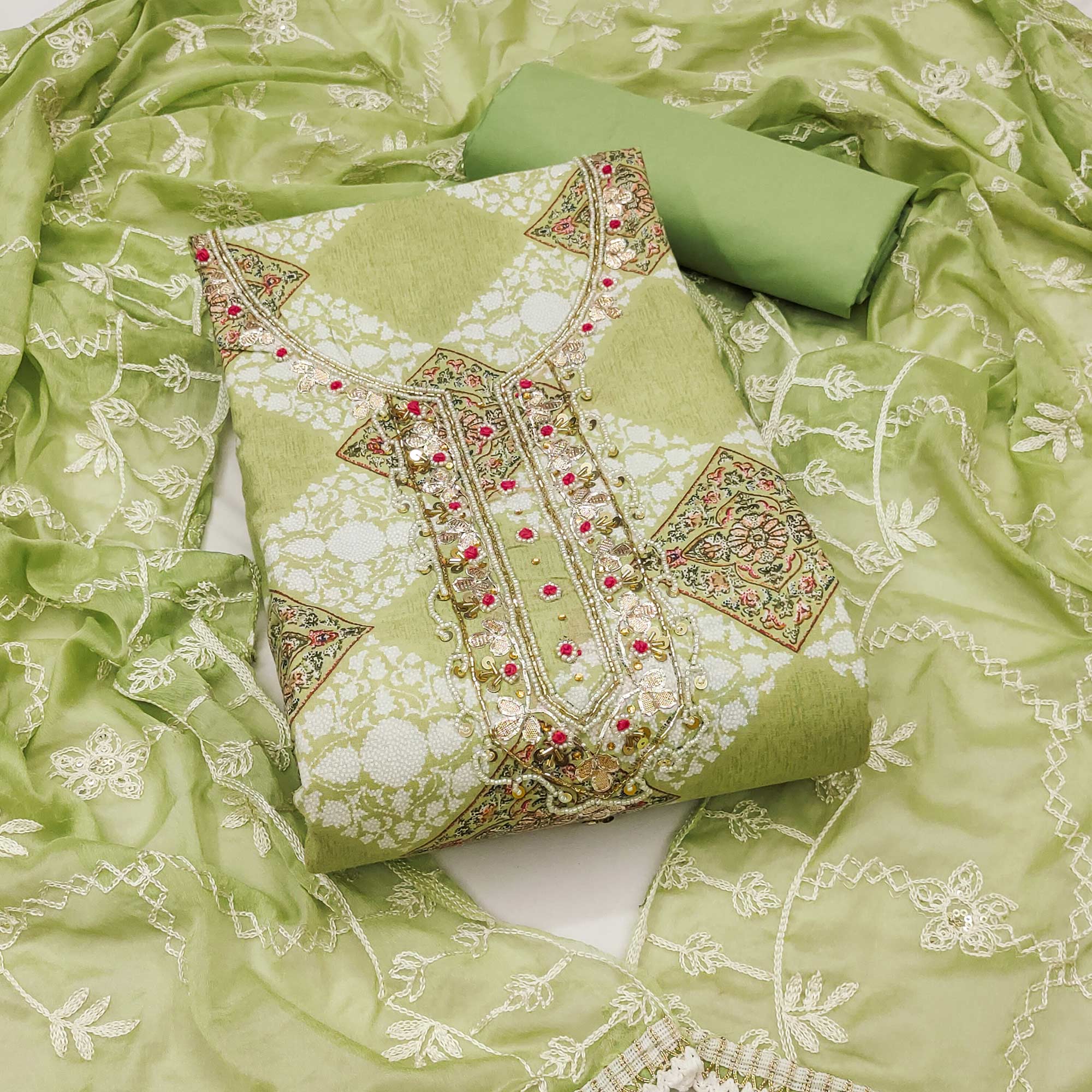 Green Floral Printed Green Pure Cotton Dress Material With Moti & Gota Patti Handwork Embellishment