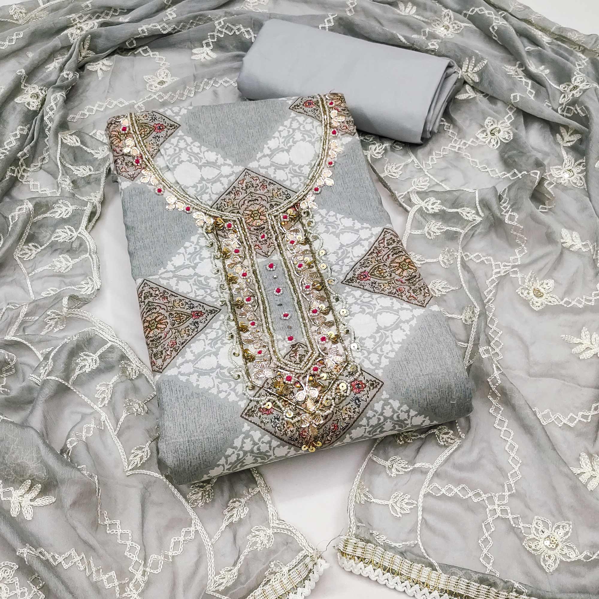 Grey Floral Printed Green Pure Cotton Dress Material With Moti & Gota Patti Handwork Embellishment