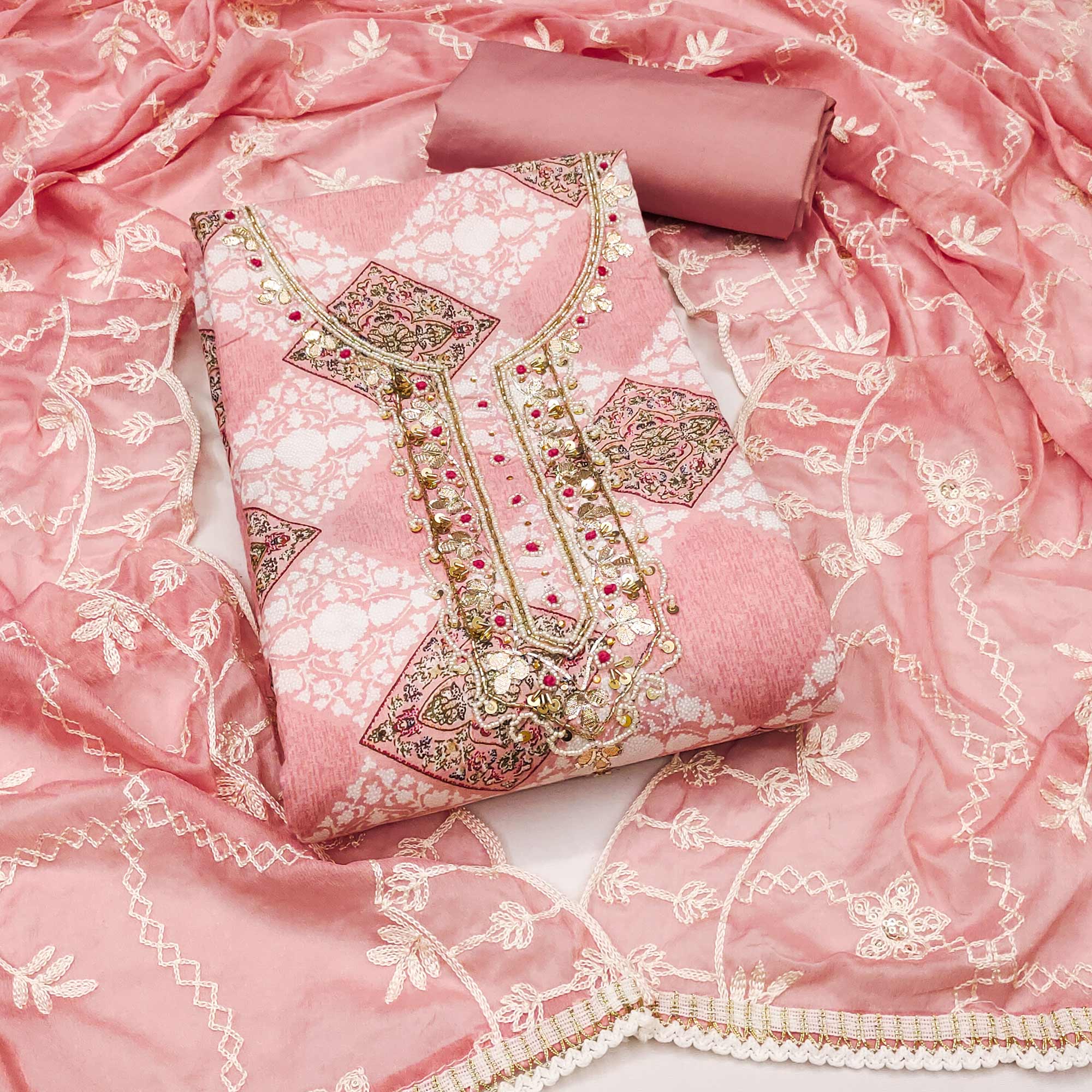 Peach Floral Printed Green Pure Cotton Dress Material With Moti & Gota Patti Handwork Embellishment