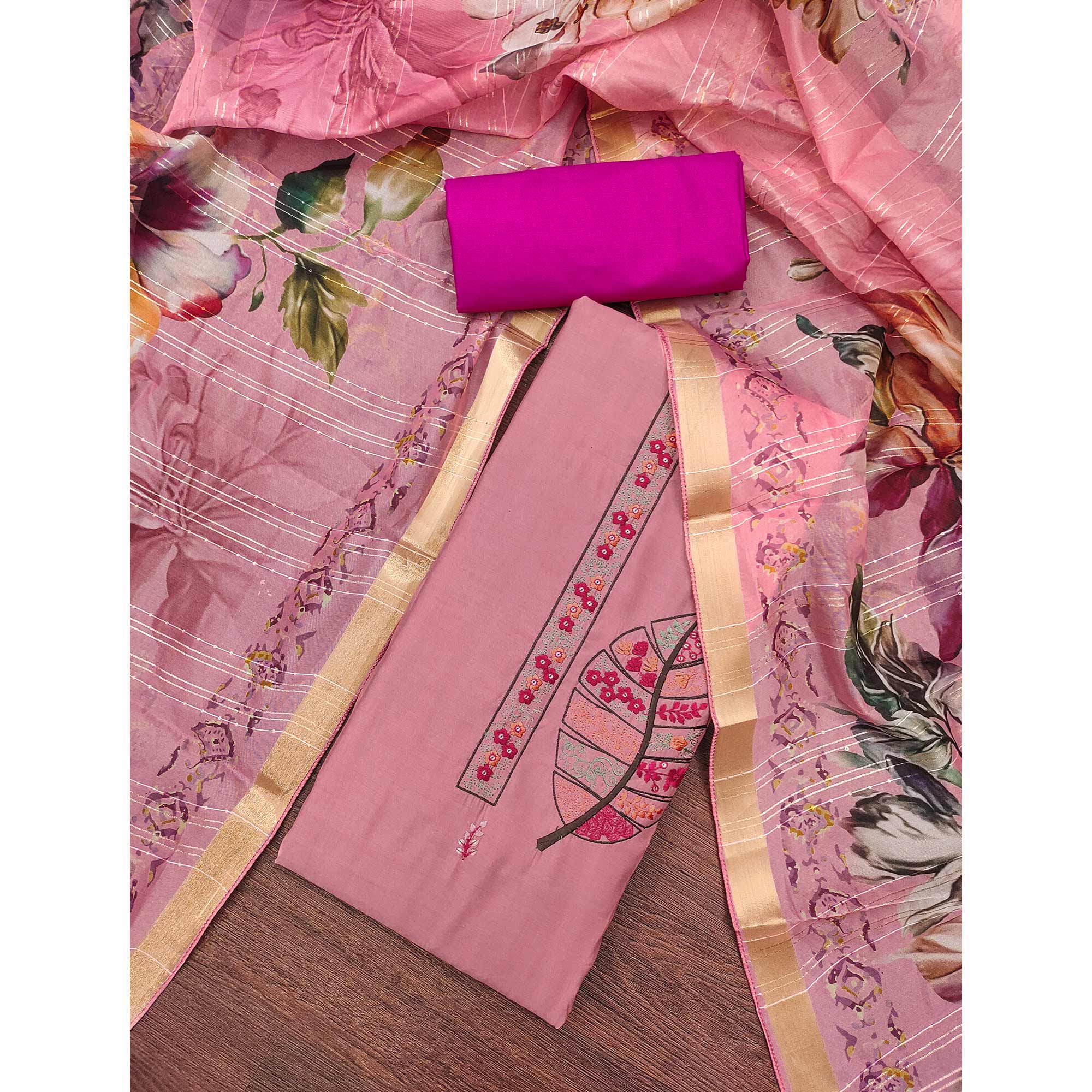 Peach Delight Floral Sequins Embroidered Cotton Silk Dress Material