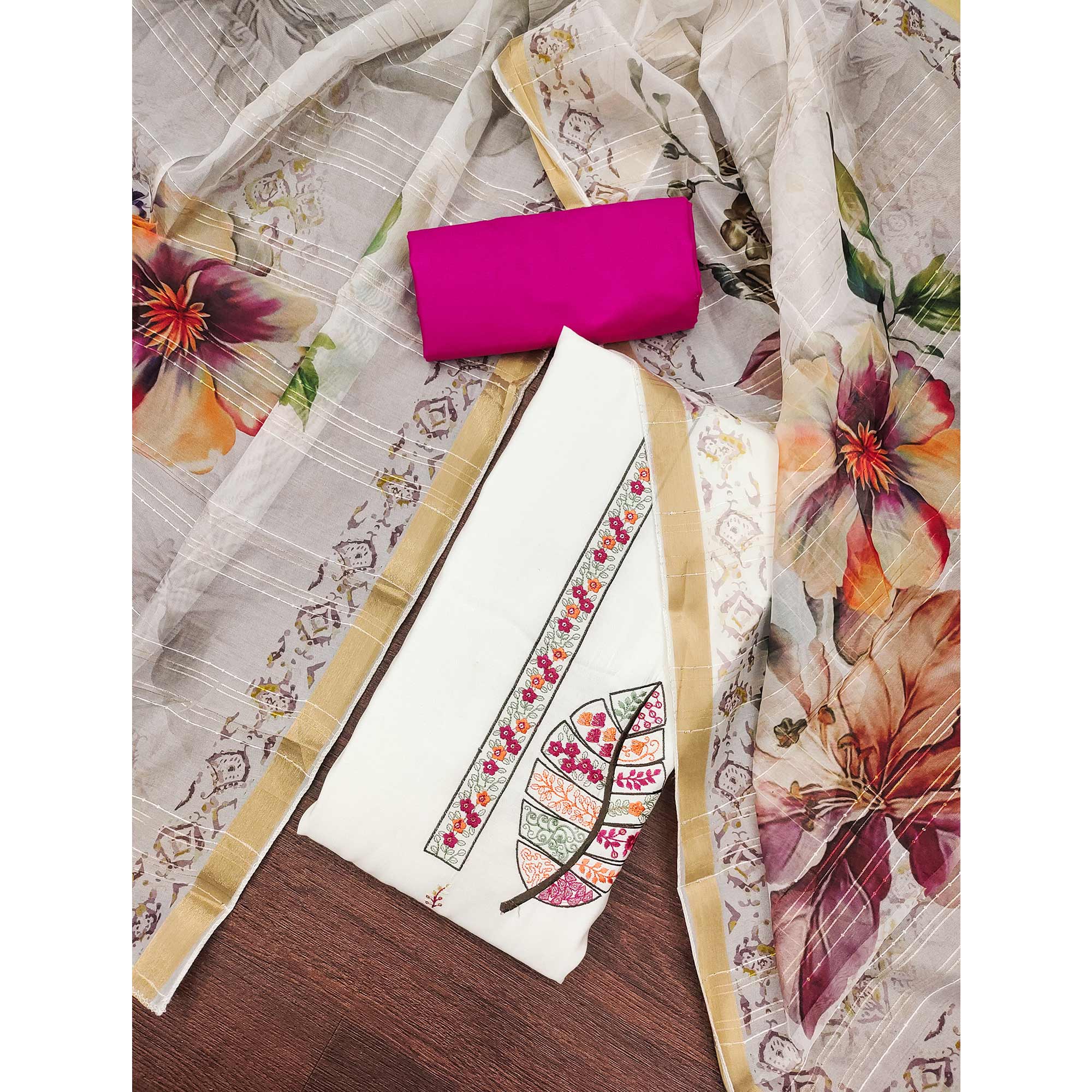 White Delight Floral Sequins Embroidered Cotton Silk Dress Material