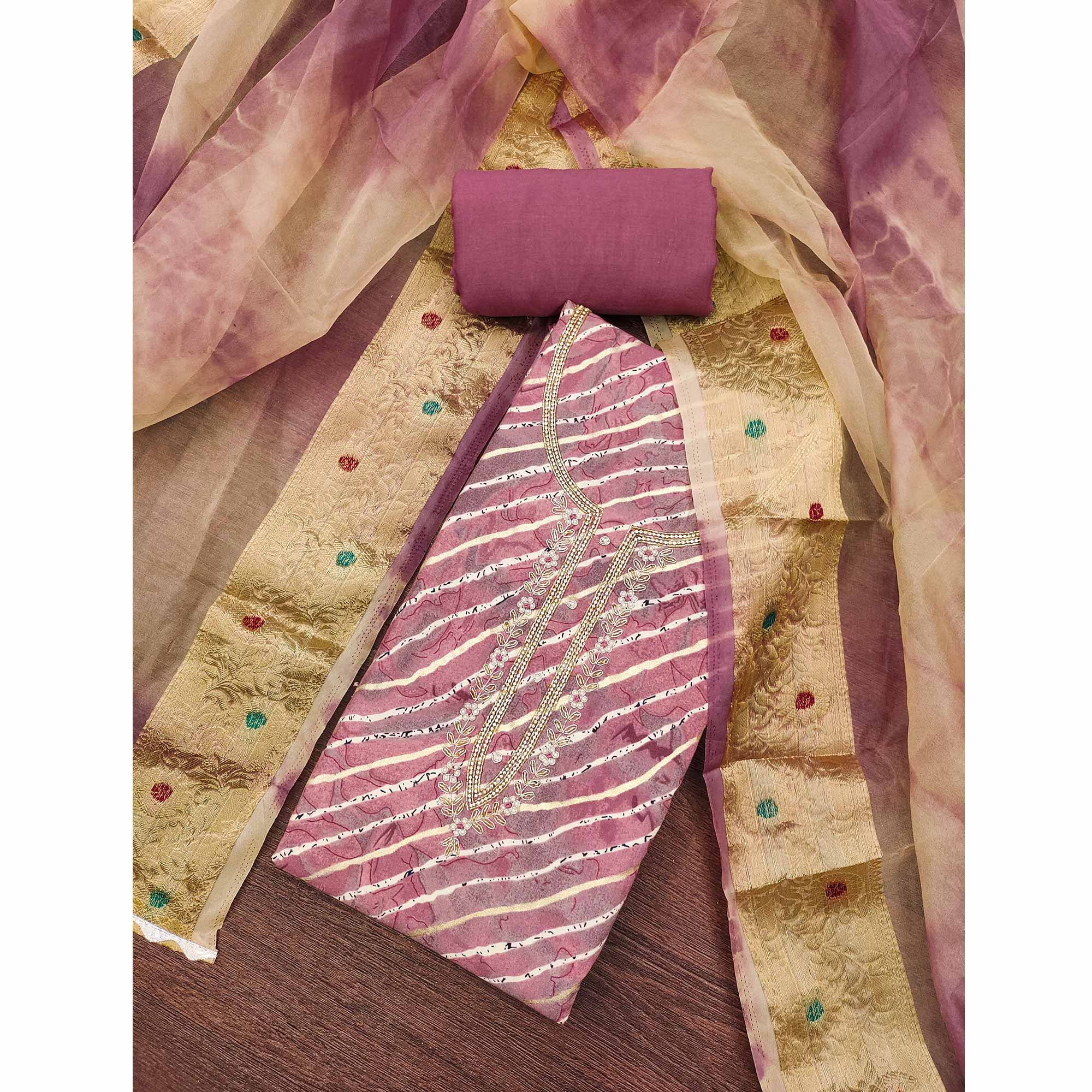 Mauve Printed With Intricate Moti Handwork Jam Cotton Dress Material