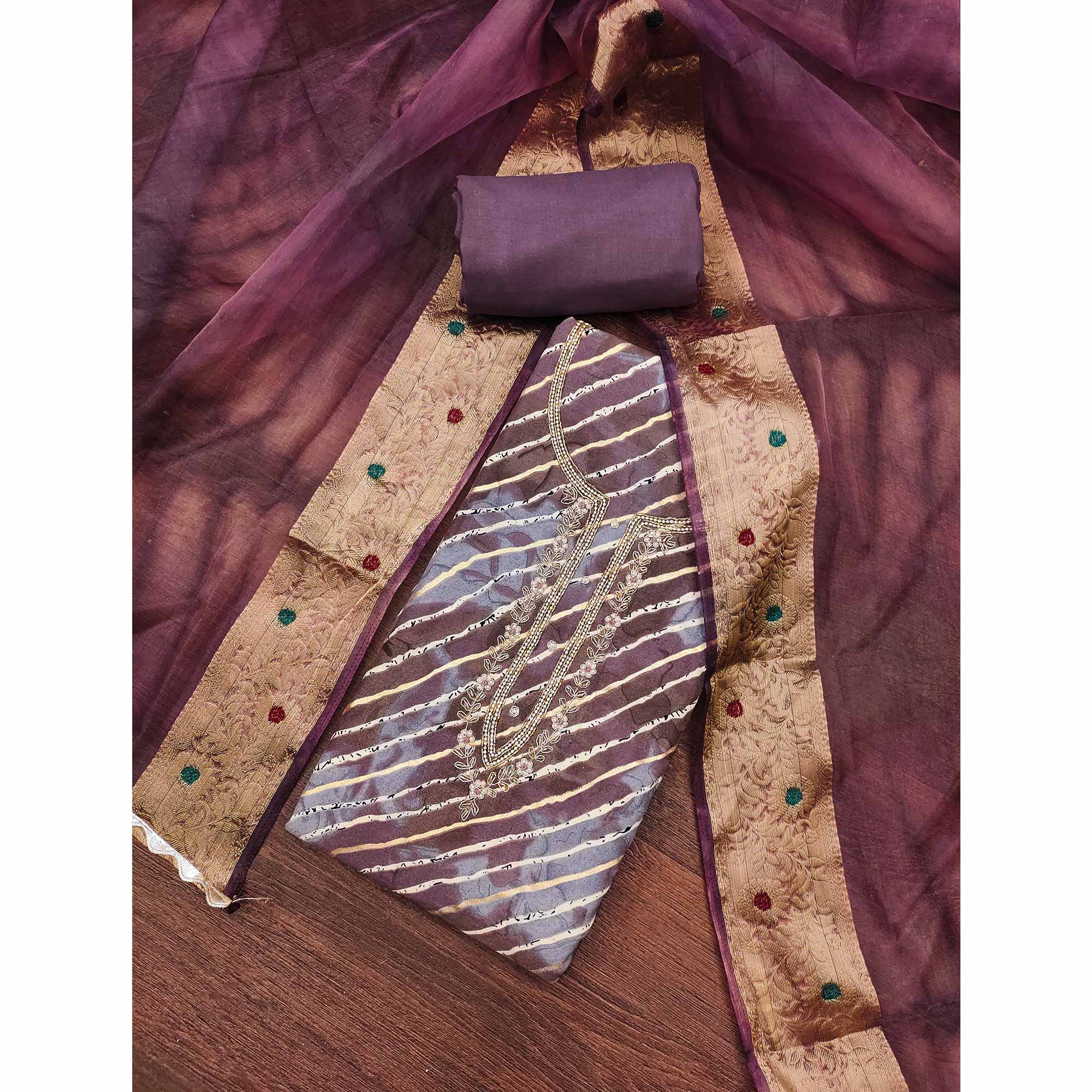 Purple Printed With Intricate Moti Handwork Jam Cotton Dress Material