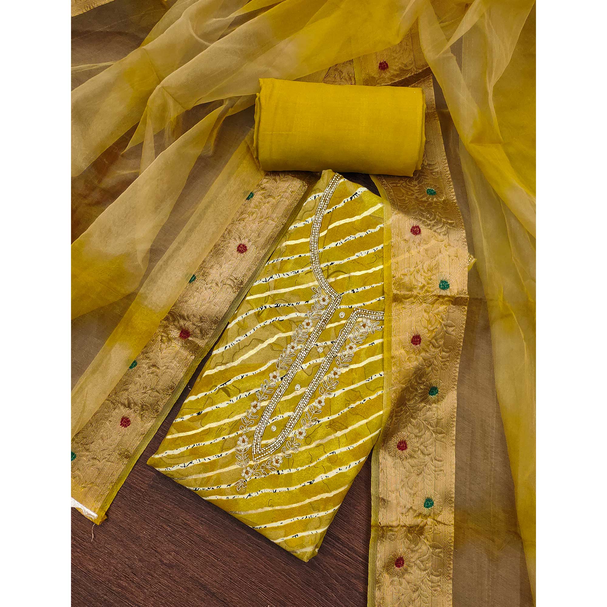 Yellow Printed With Intricate Moti Handwork Jam Cotton Dress Material