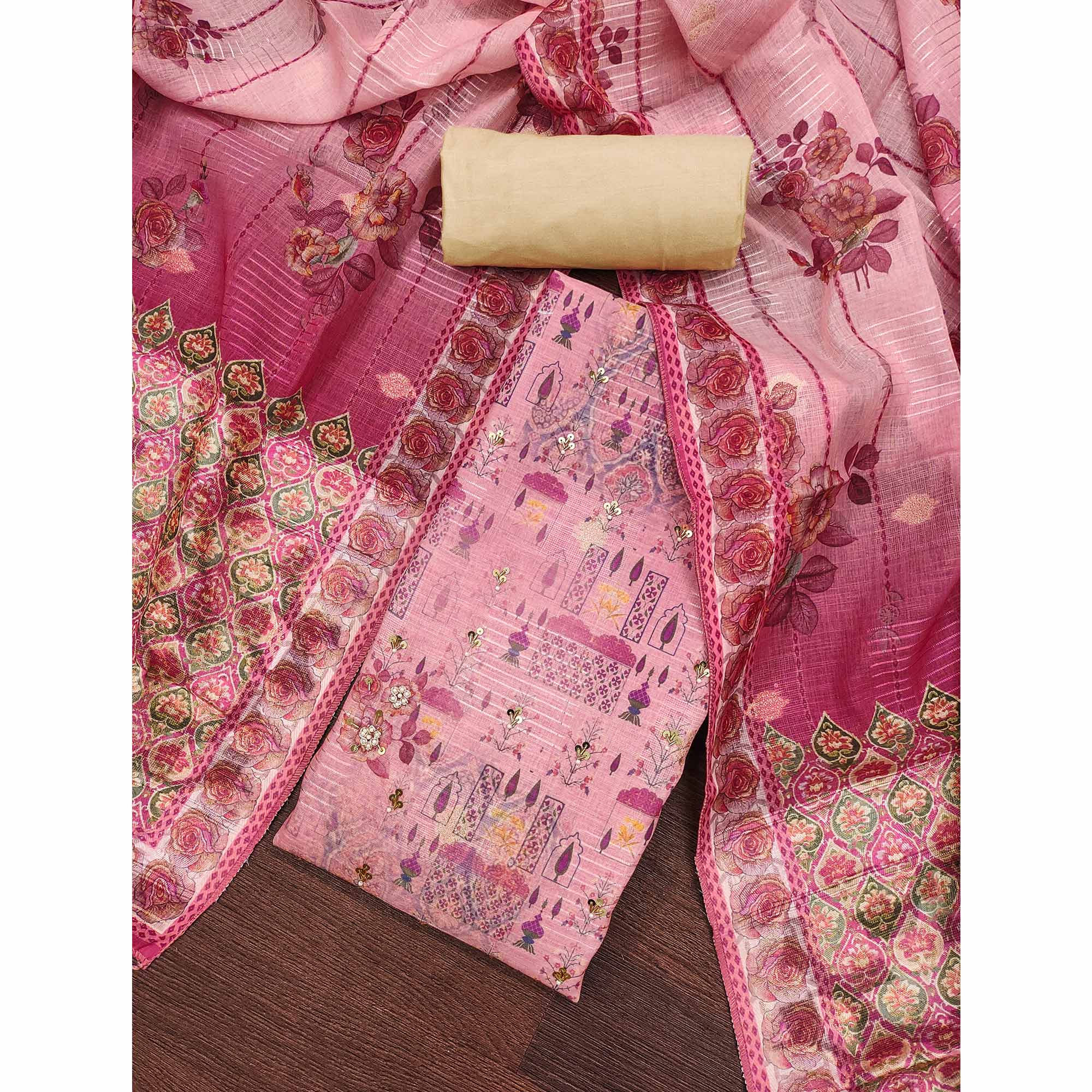 Gajri Pink Digital Printed Viscose Cotton Dress Material With Intricate Moti & Sequins Handwork