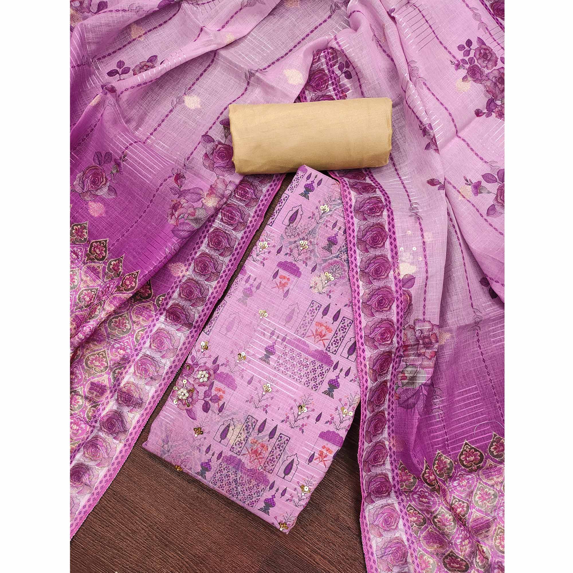 Purple Digital Printed Viscose Cotton Dress Material With Intricate Moti & Sequins Handwork