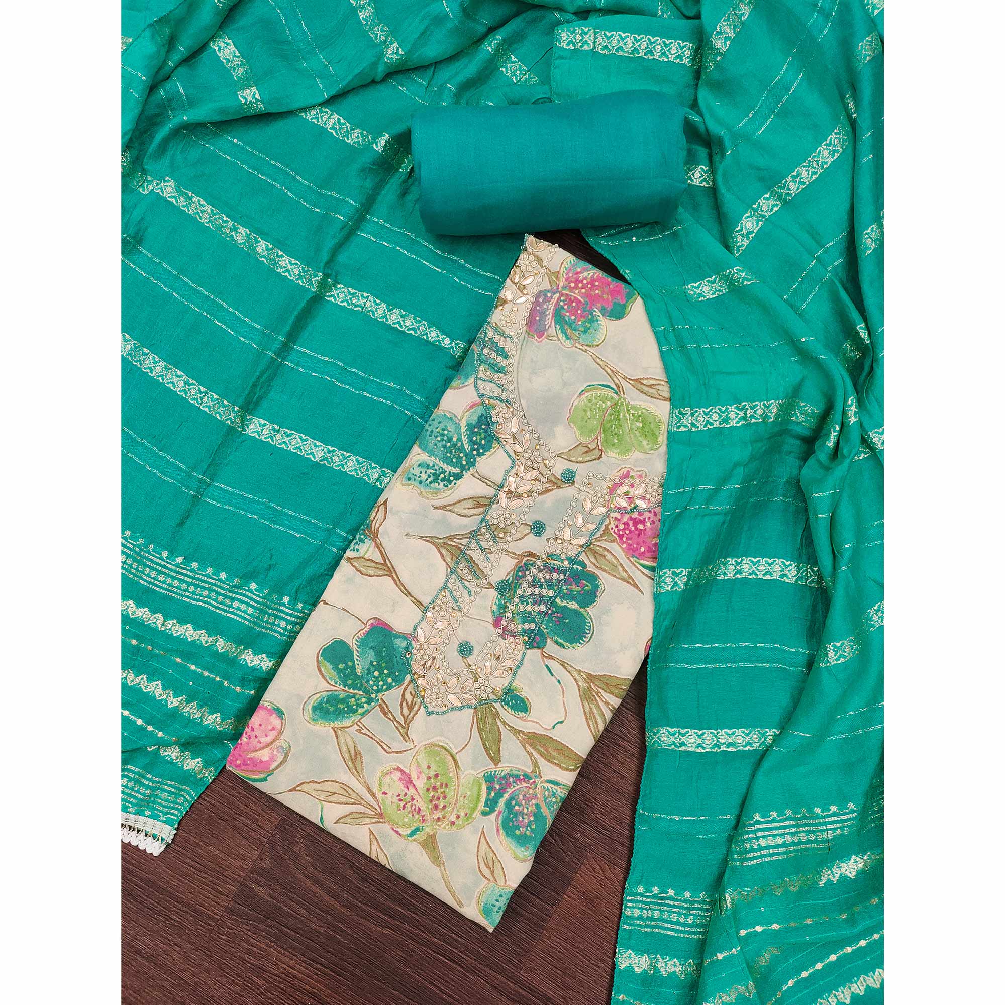 Rama Green In Jam Cotton with Floral Print & Intricate Moti Handwork Dress Material