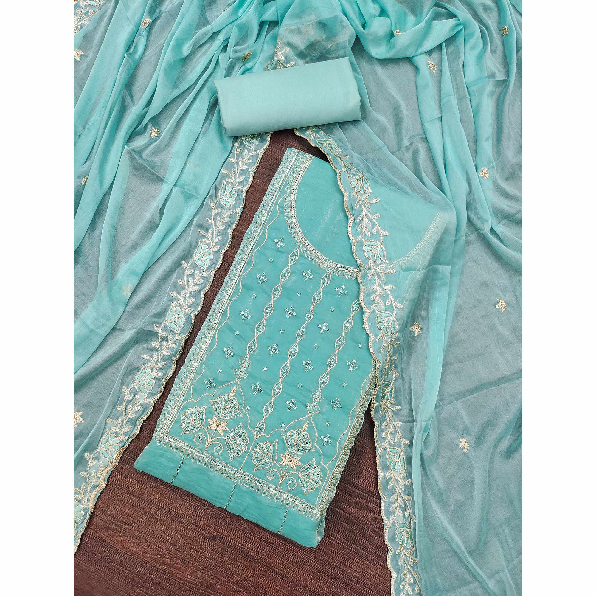 Turquoise Floral Elegance With Sequins Embroidery On Viscose Satin Dress Material