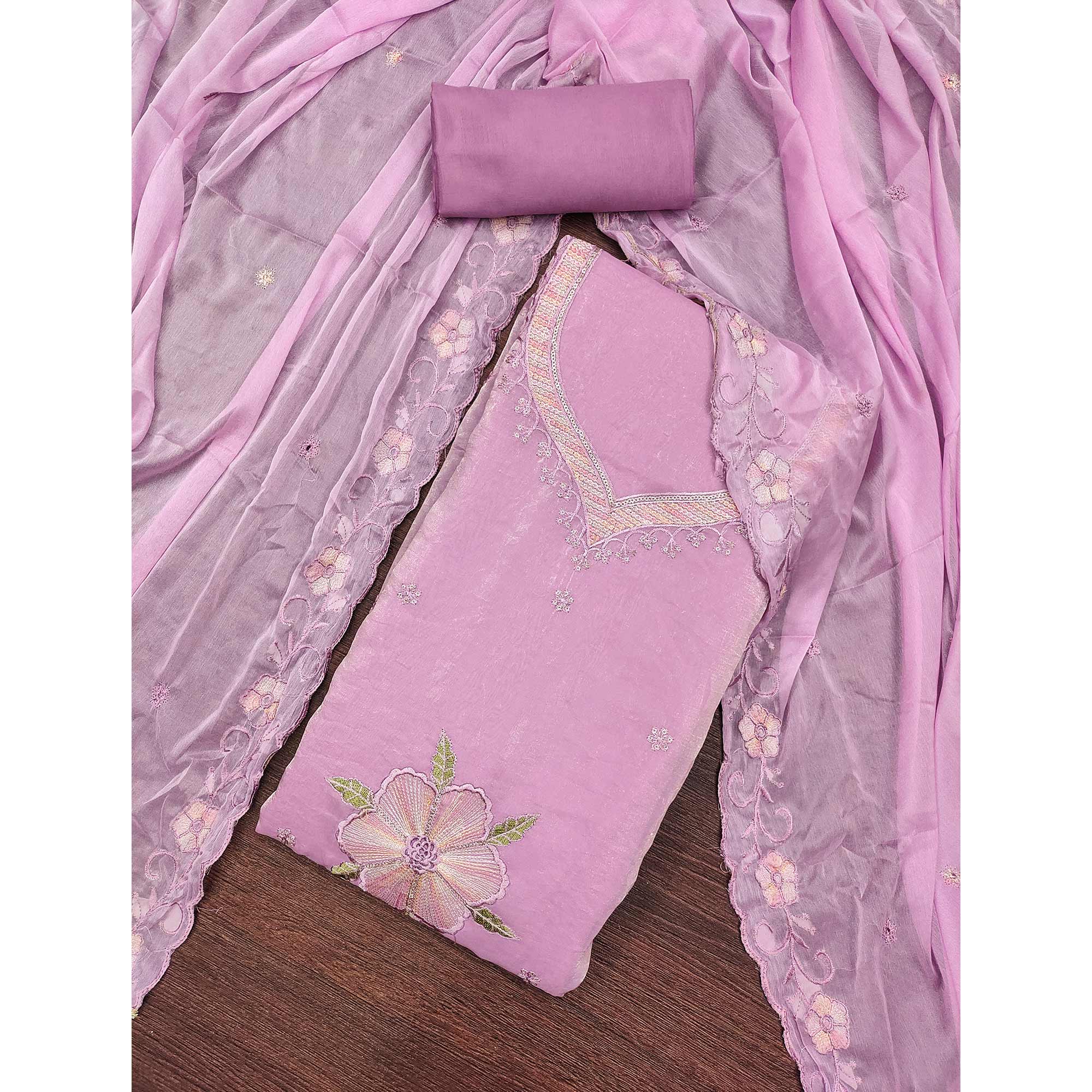 Light Purple Ensemble With Floral Sequins Embroidery Detailing On Satin Viscose Dress Material