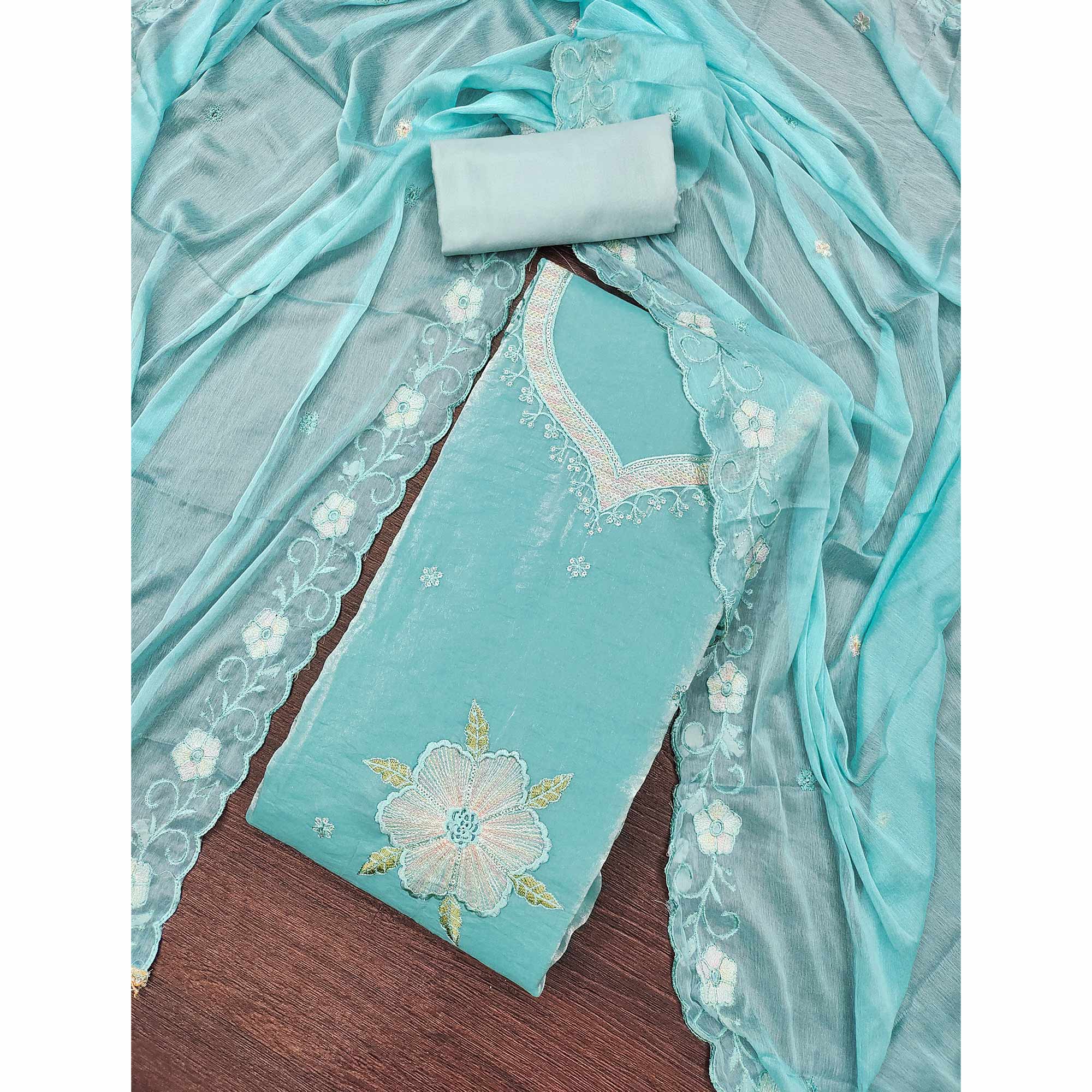 Turquoise Ensemble With Floral Sequins Embroidery Detailing On Satin Viscose Dress Material