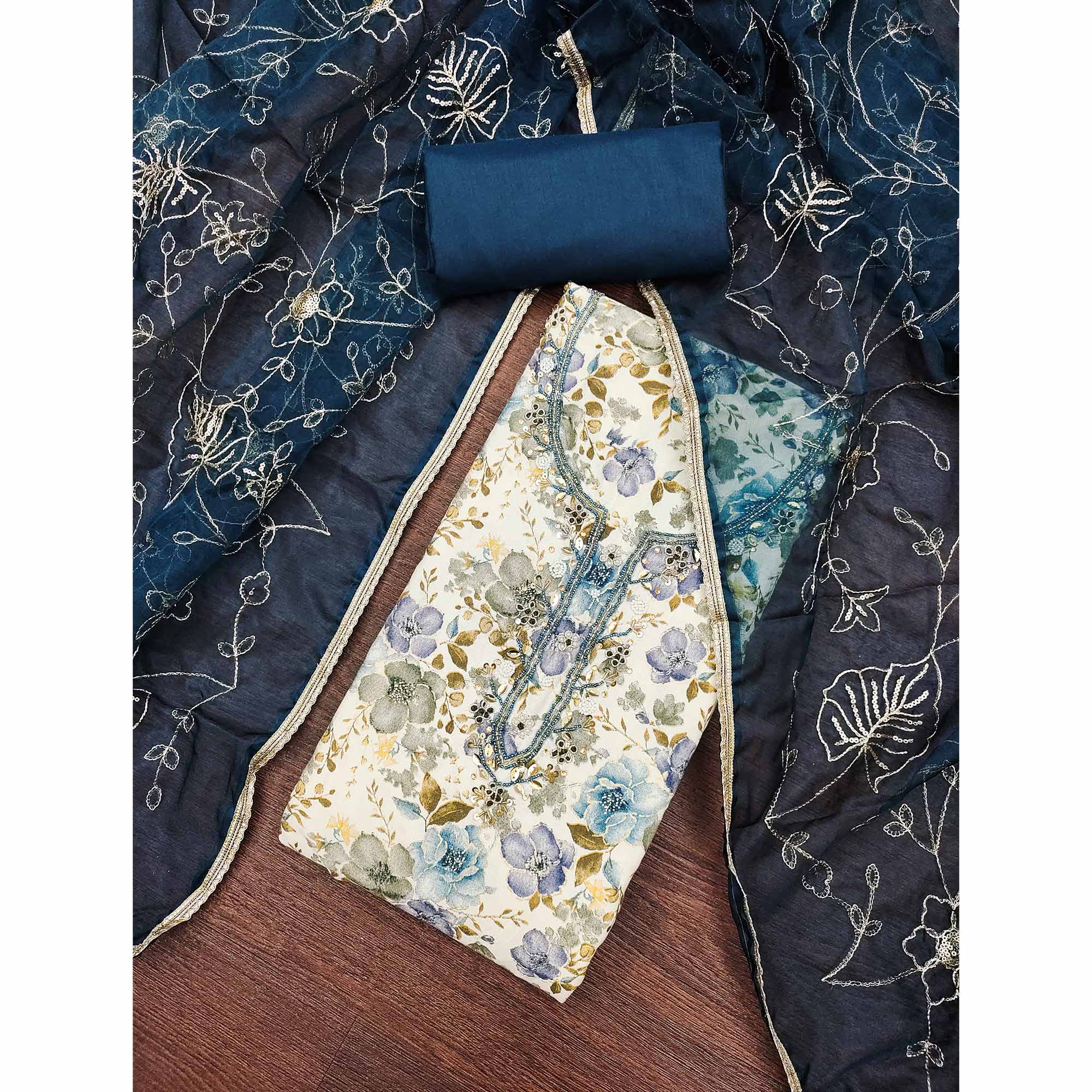 Blue Bloom Charm With Floral Print & Delicate Sequins & Moti Handwork Dress Material