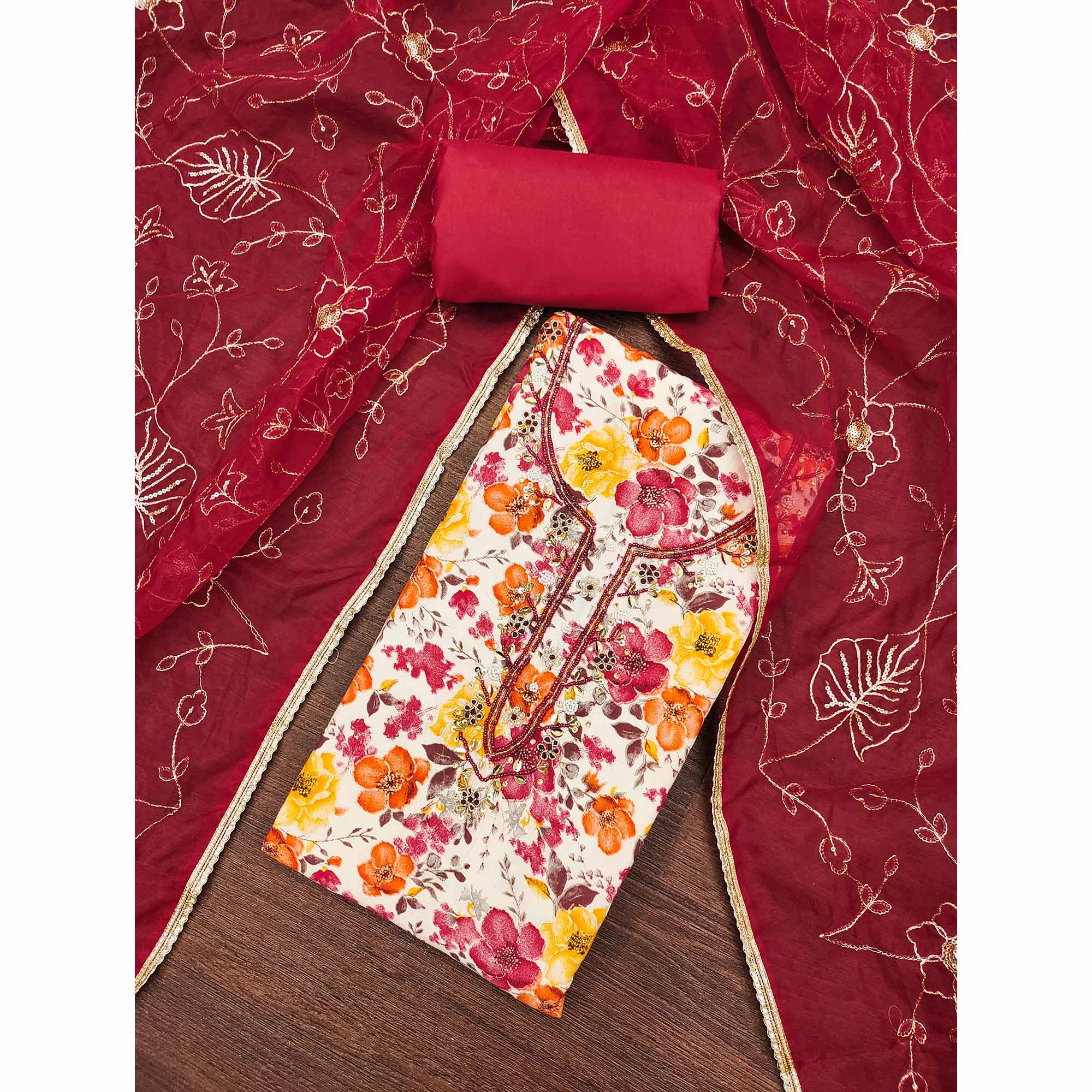 Red Bloom Charm With Floral Print & Delicate Sequins & Moti Handwork Dress Material
