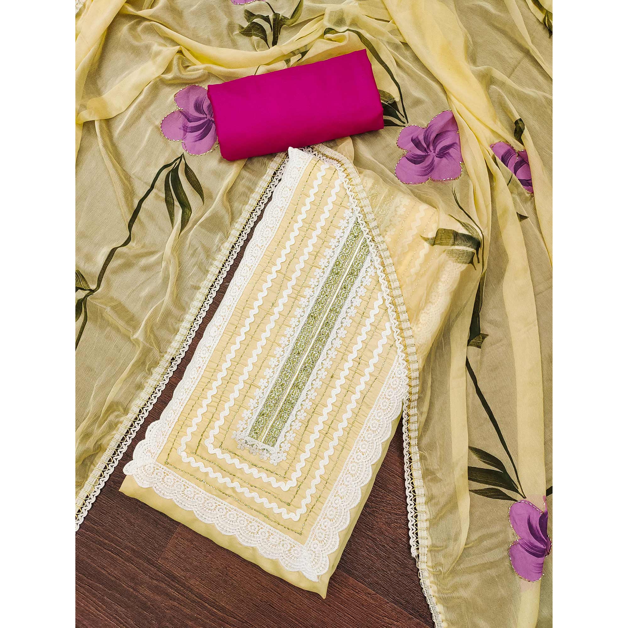 Yellow Floral Printed With Intricate Handwork Embroidered Cotton Silk Dress Material