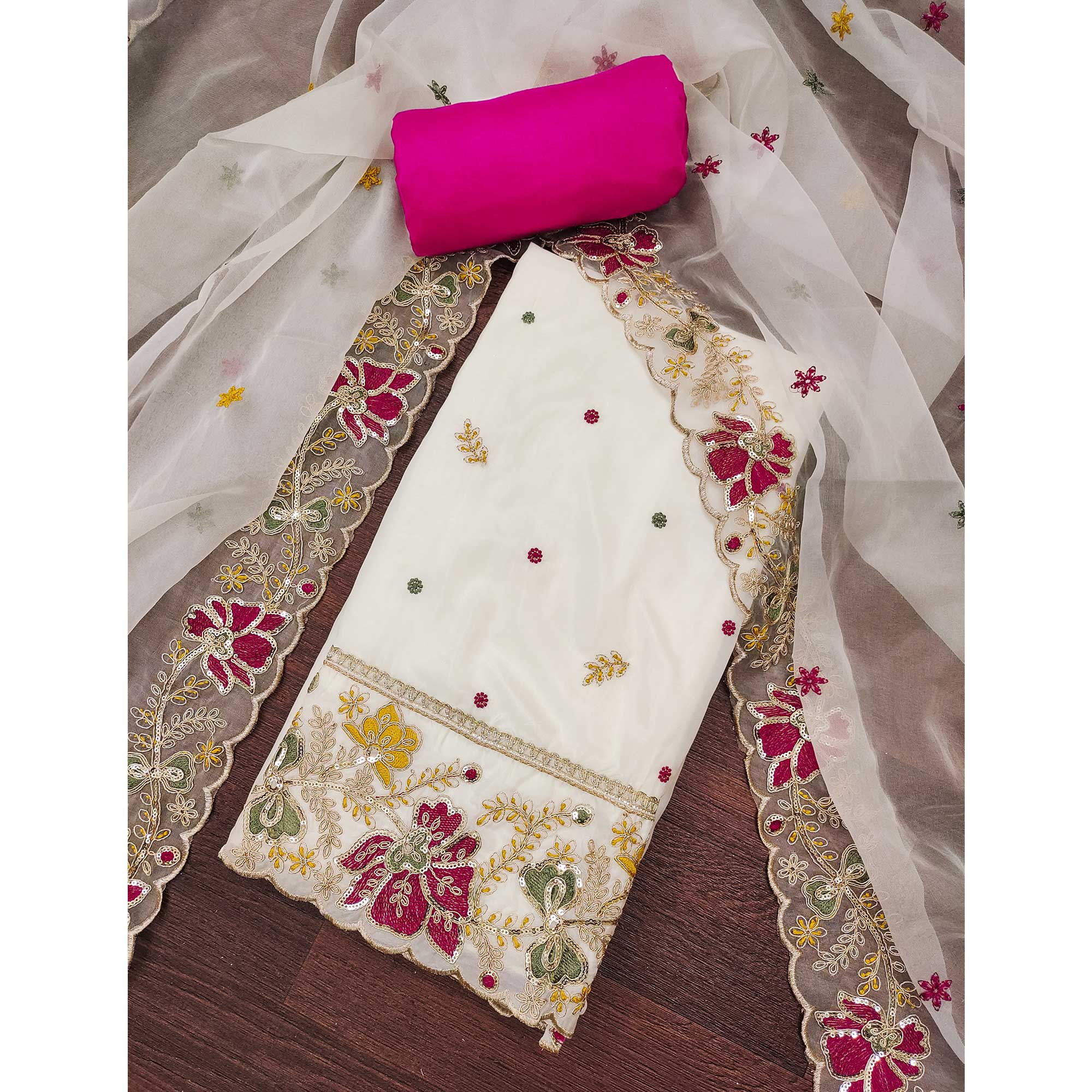 Offwhite Viscose Organza Dress Material Adorned with Cording & Sequin Embroidery Work