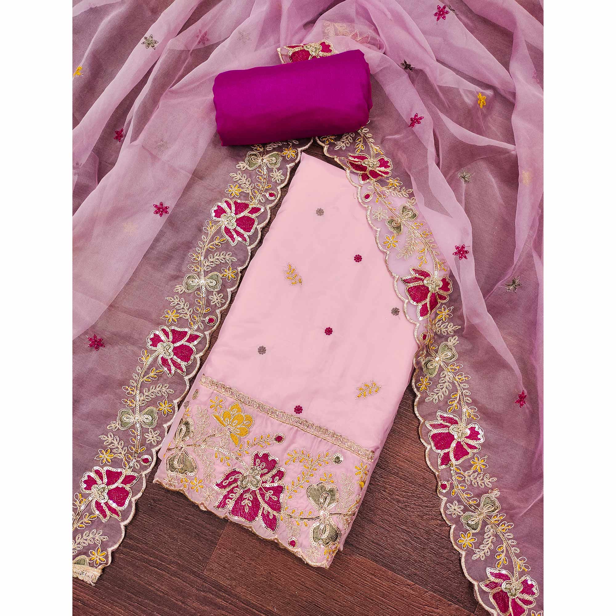 Pink Viscose Organza Dress Material Adorned with Cording & Sequin Embroidery Work