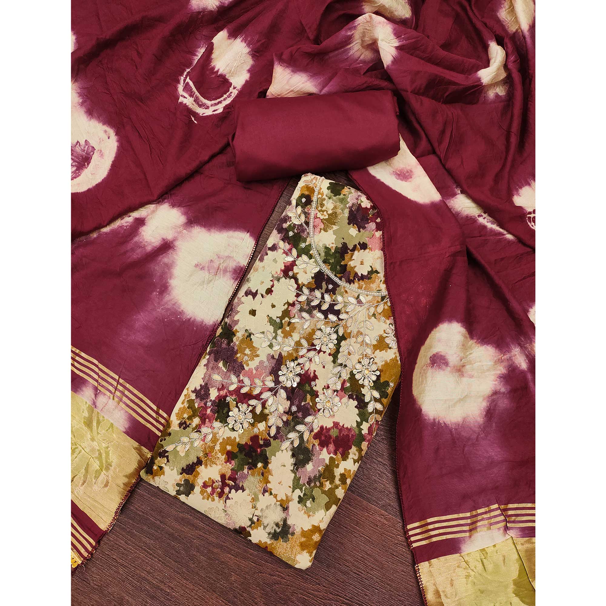 Maroon Pure Cotton Printed Dress Material Beautified With Moti & Sequins Hand Embellishment