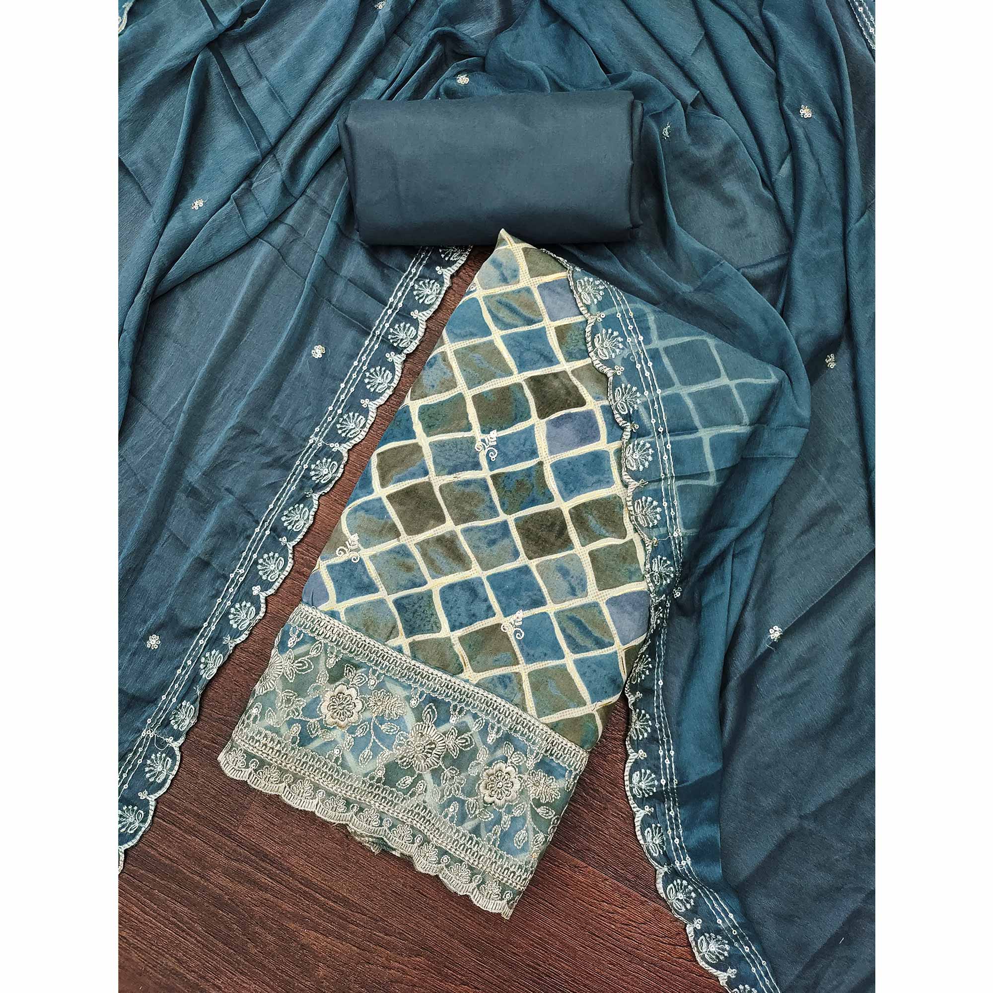 Blue Printed Dress Material In Pure Cotton With Intricate Sequins Embroidery Work