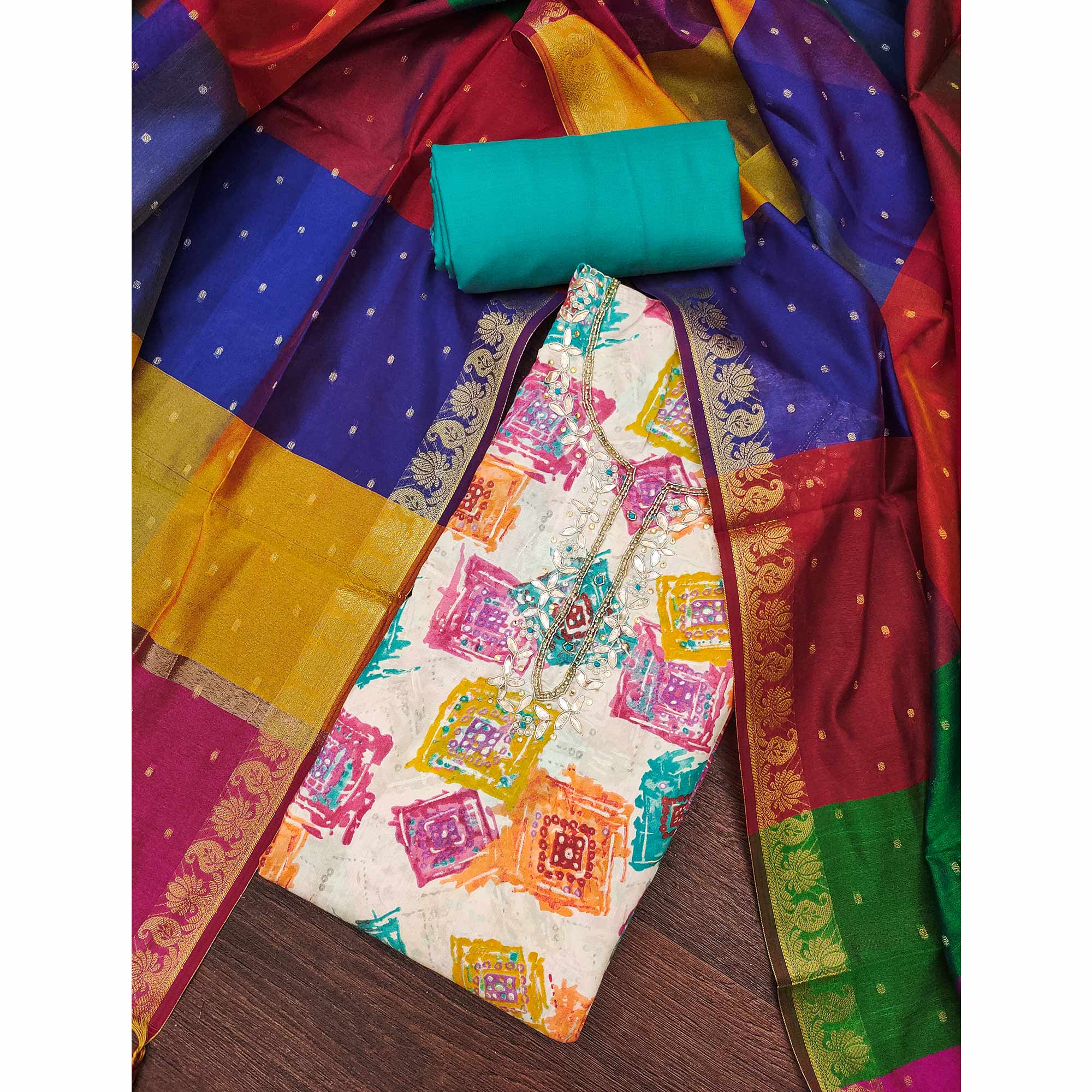 Turquoise Print & Delicate Moti With Gota Patti Work Cotton Silk Dress Material