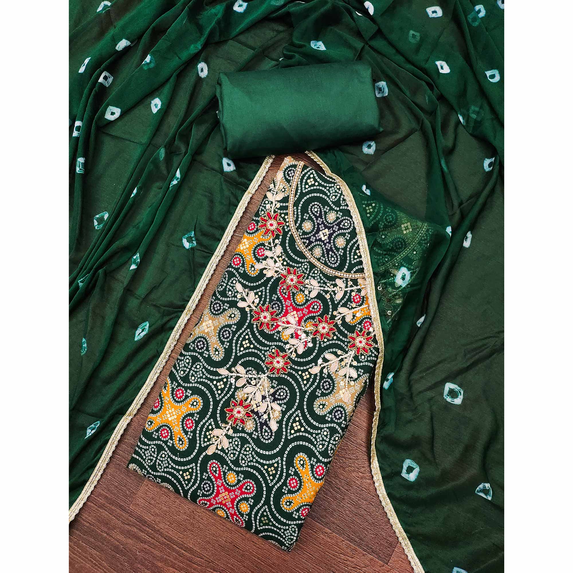 Green Bandhani Printed Pure Cotton Dress Material With Delicate Moti & Gota Patti Handwork