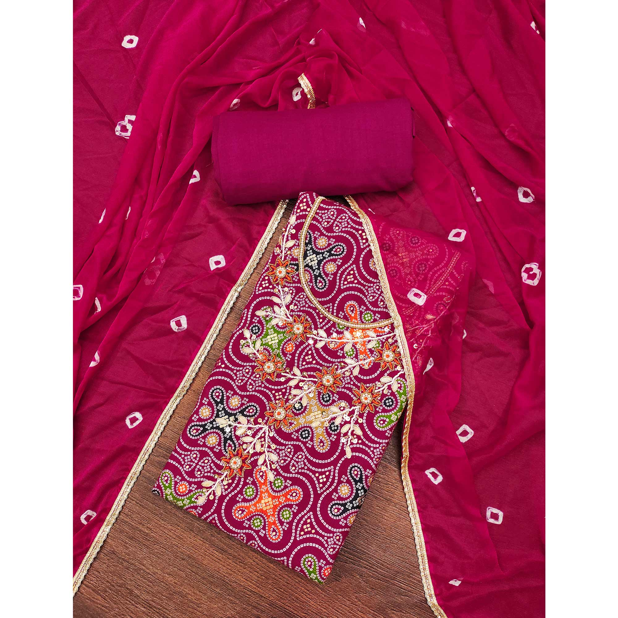 Pink Bandhani Printed Pure Cotton Dress Material With Delicate Moti & Gota Patti Handwork