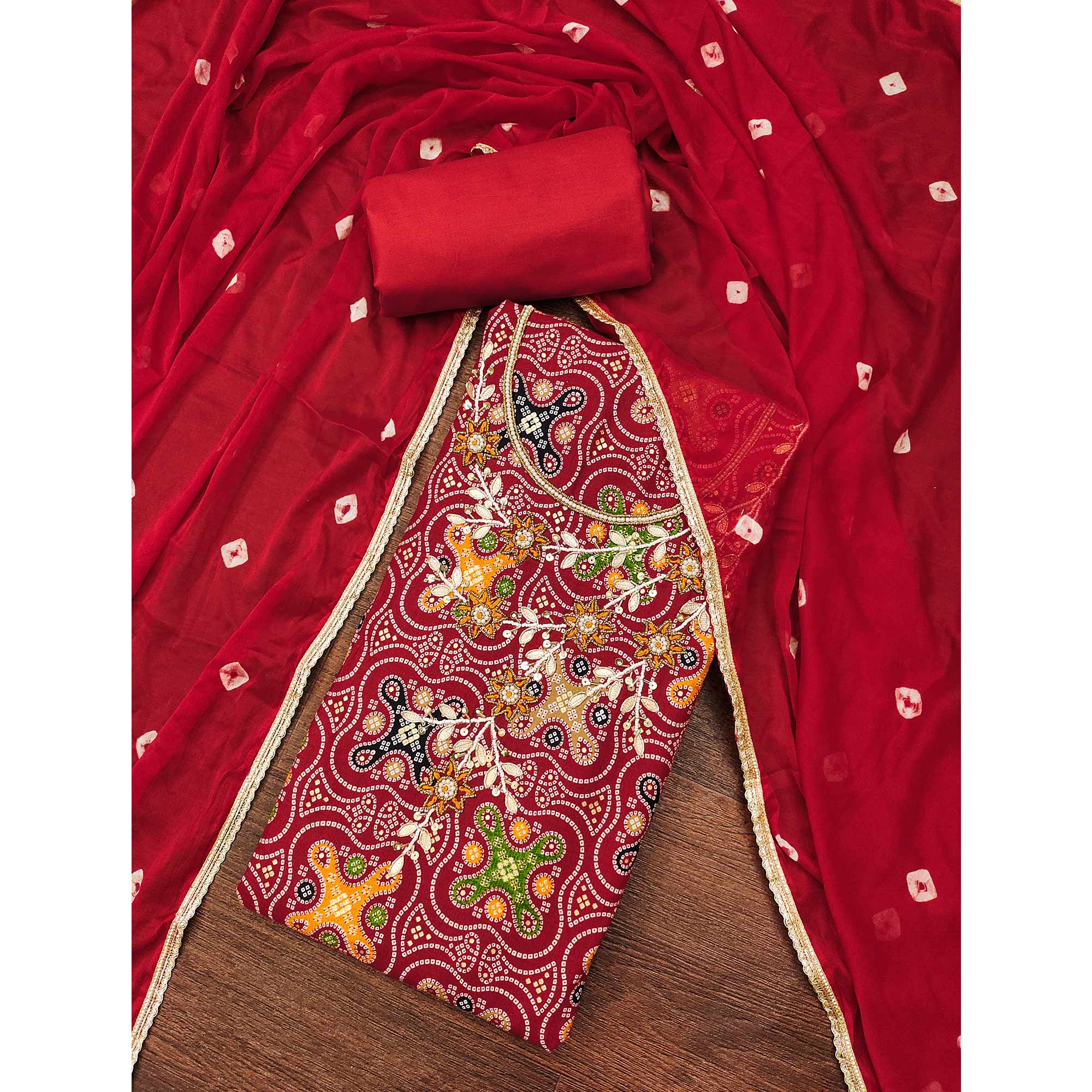 Red Bandhani Printed Pure Cotton Dress Material With Delicate Moti & Gota Patti Handwork