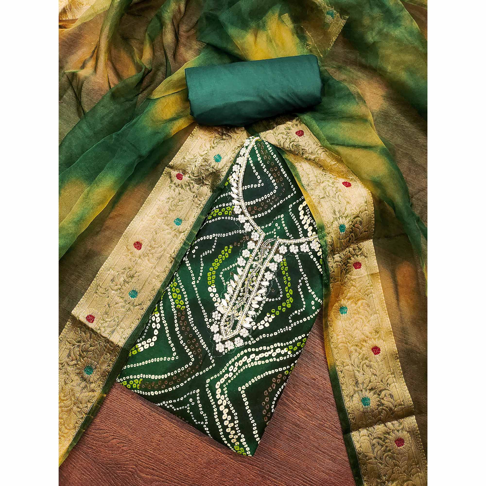 Green Bandhani Printed Pure Cotton Dress Material With Artistic Moti & Gota Patti Handwork