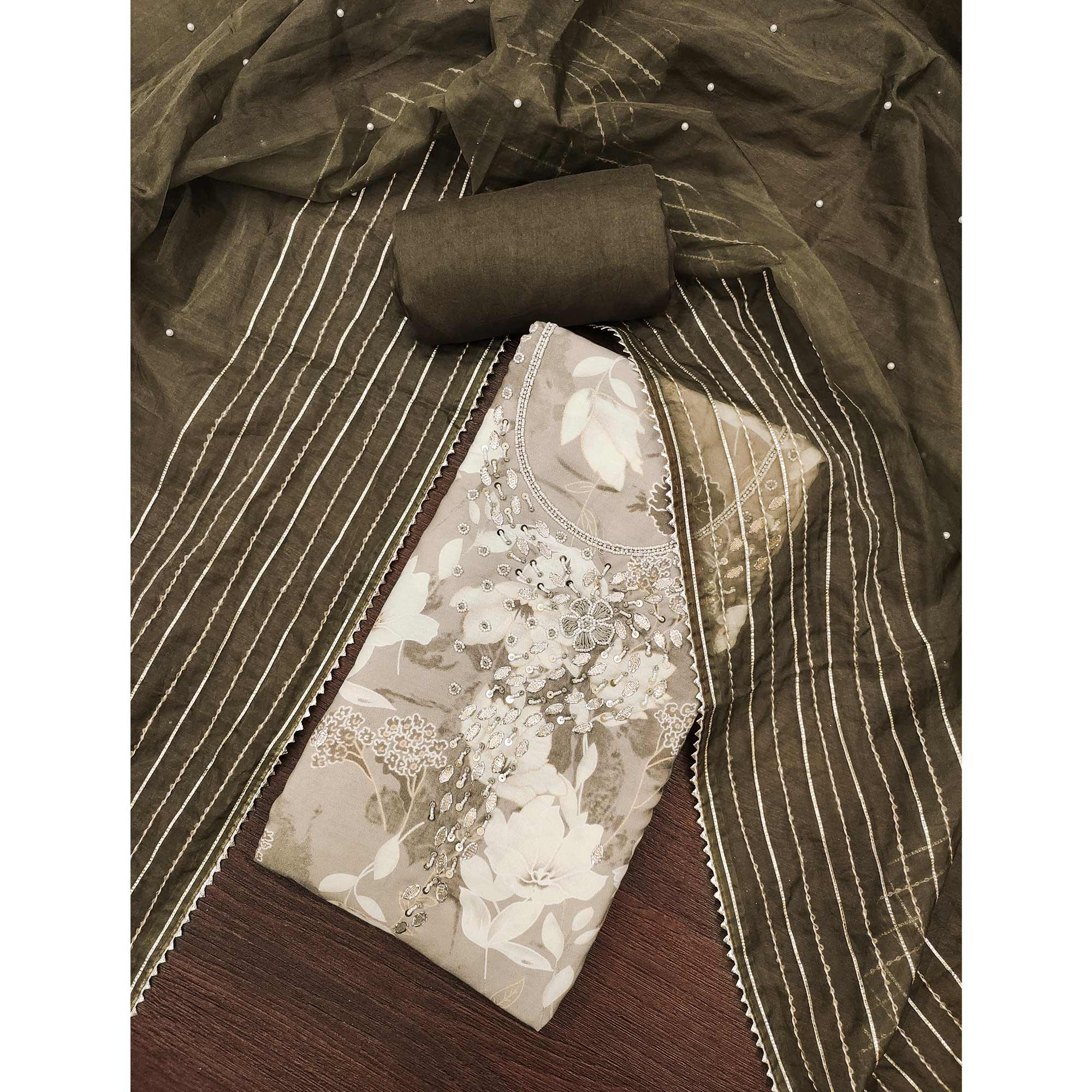 Grey Floral Printed With Intricate Moti & Sequins Handwork Cotton Silk Dress Material
