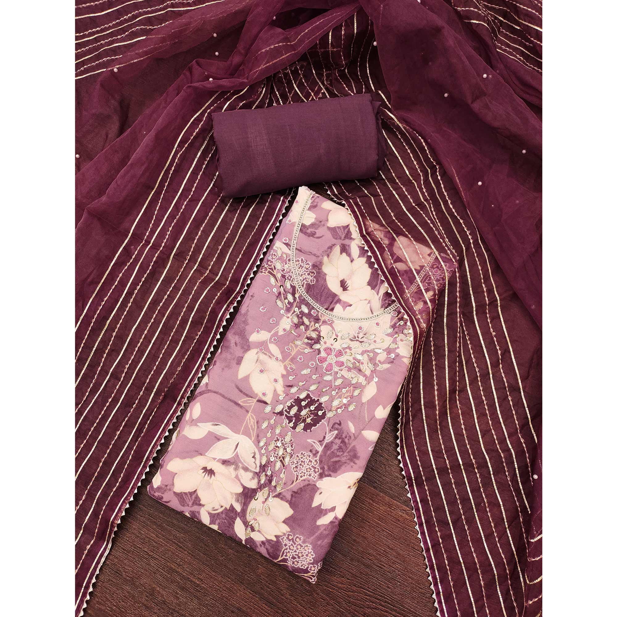 Mauve Floral Printed With Intricate Moti & Sequins Handwork Cotton Silk Dress Material