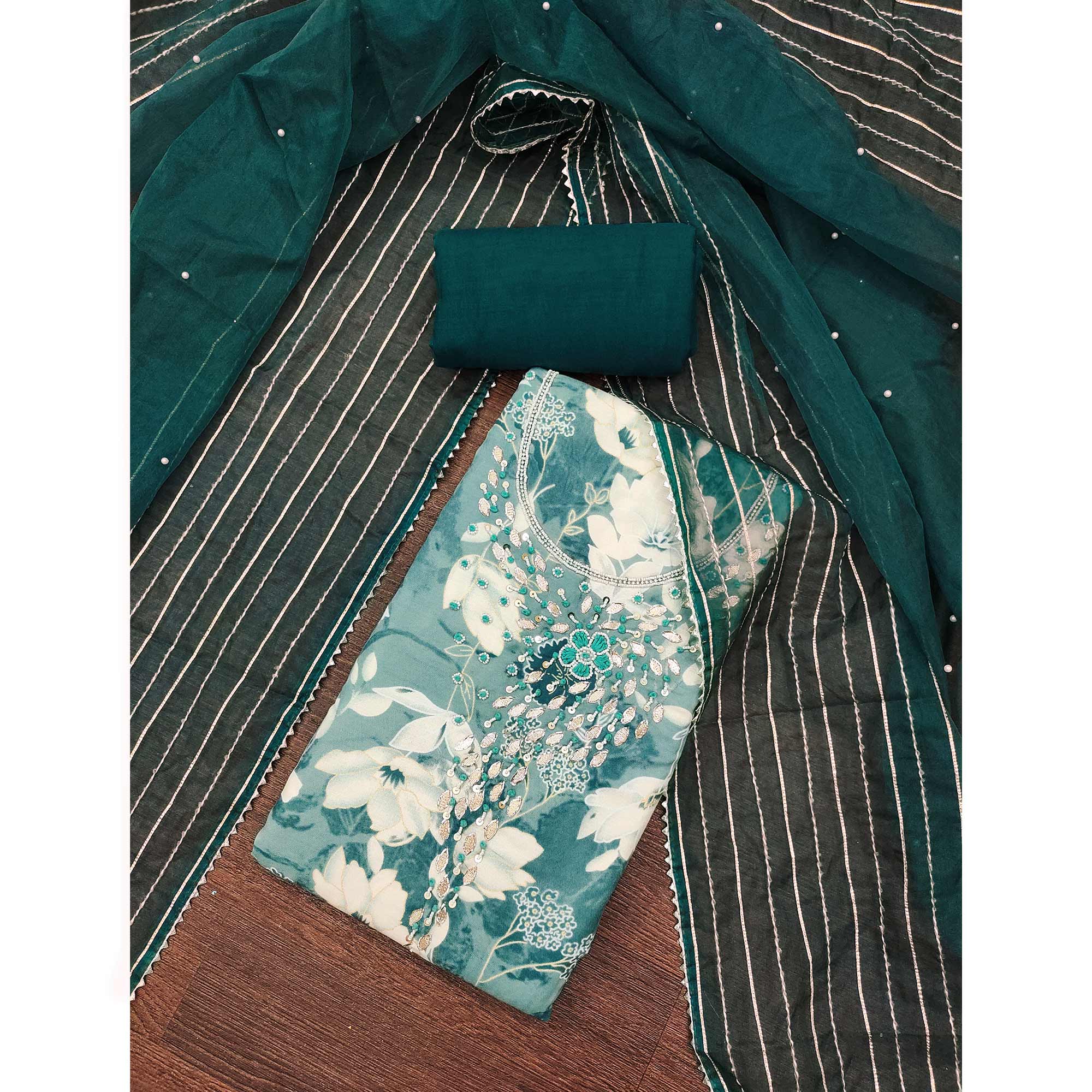 Teal Floral Printed With Intricate Moti & Sequins Handwork Cotton Silk Dress Material