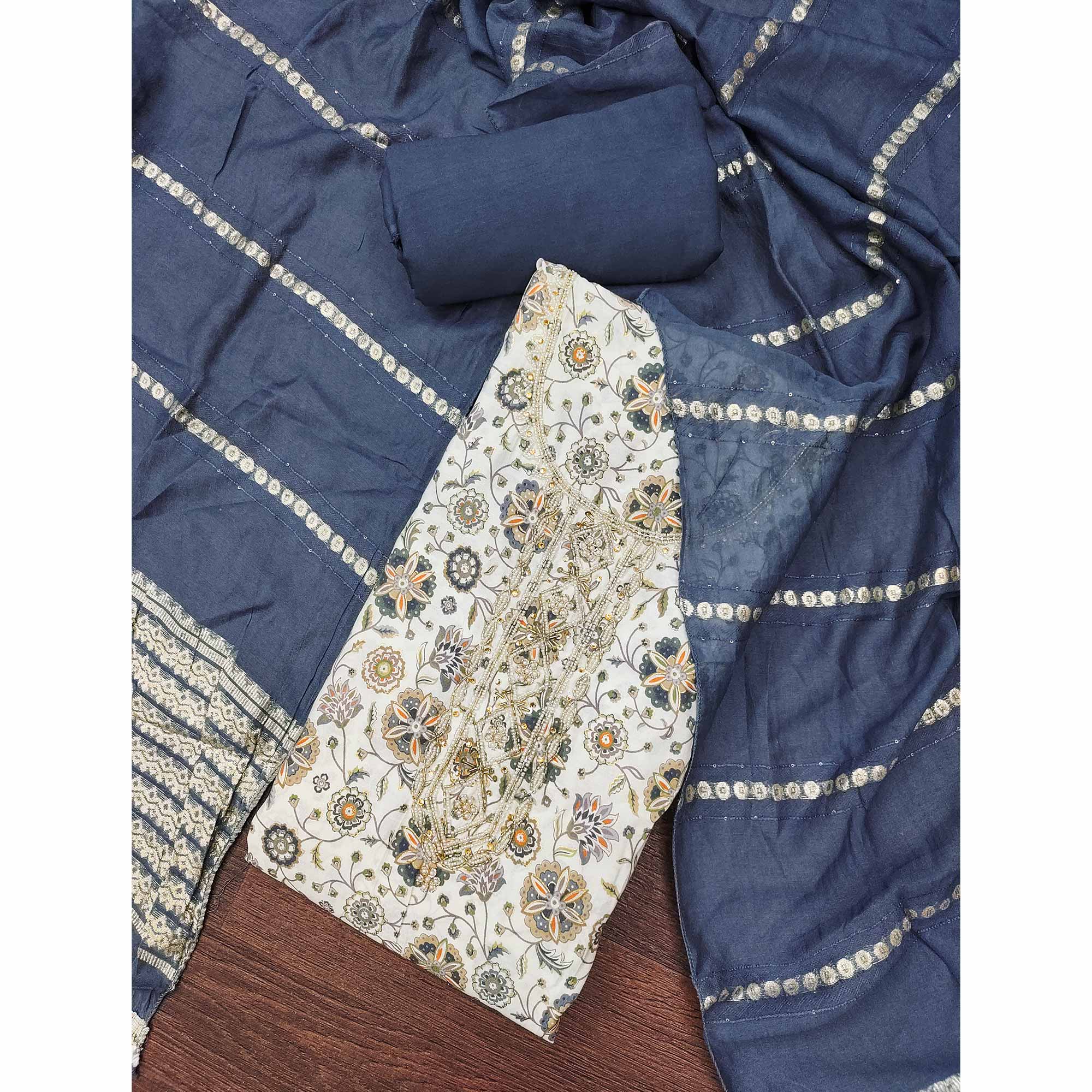 Grey Floral Printed Roman Cotton Silk Dress Material With Intricate Moti & Sequins Handwork