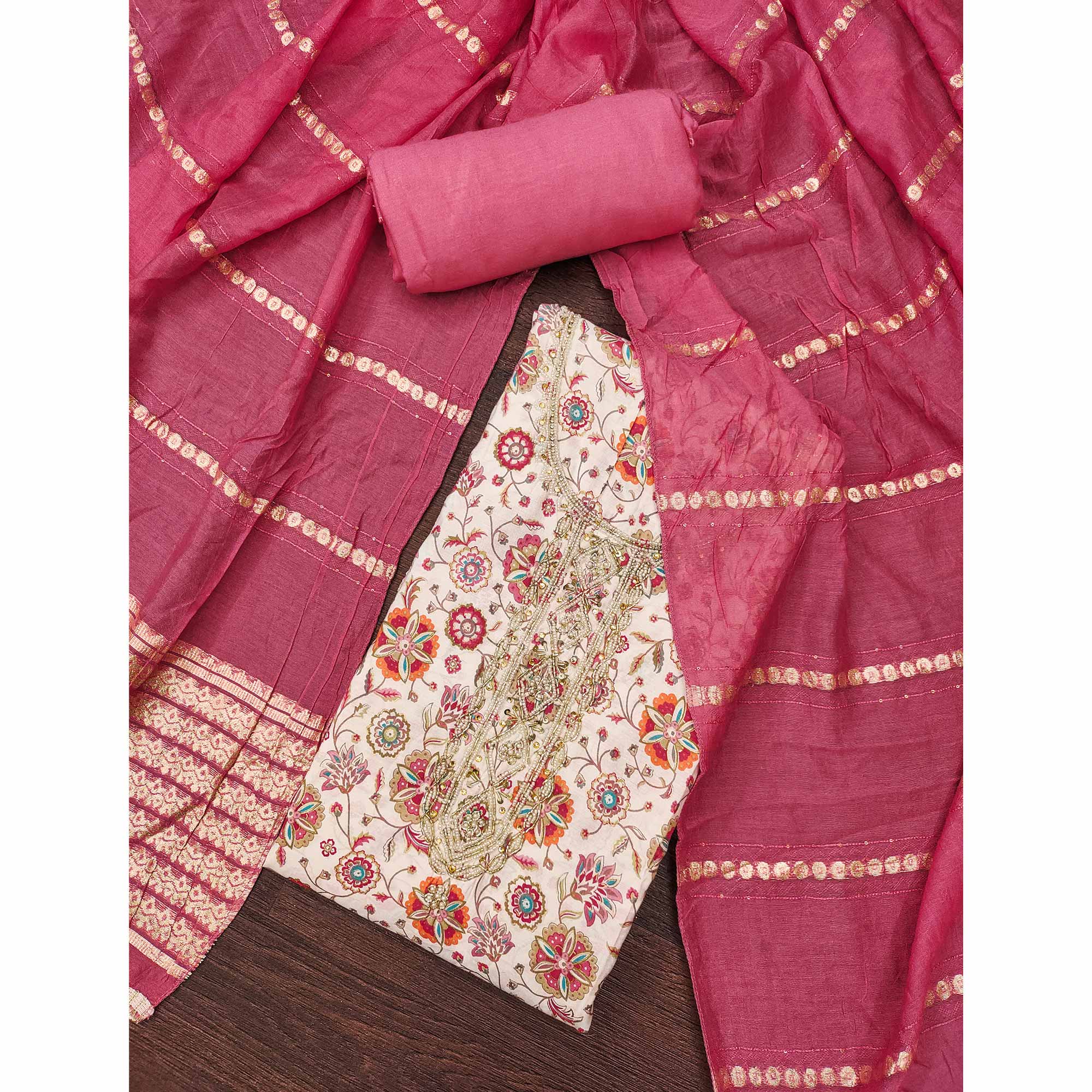 Pink Floral Printed Roman Cotton Silk Dress Material With Intricate Moti & Sequins Handwork
