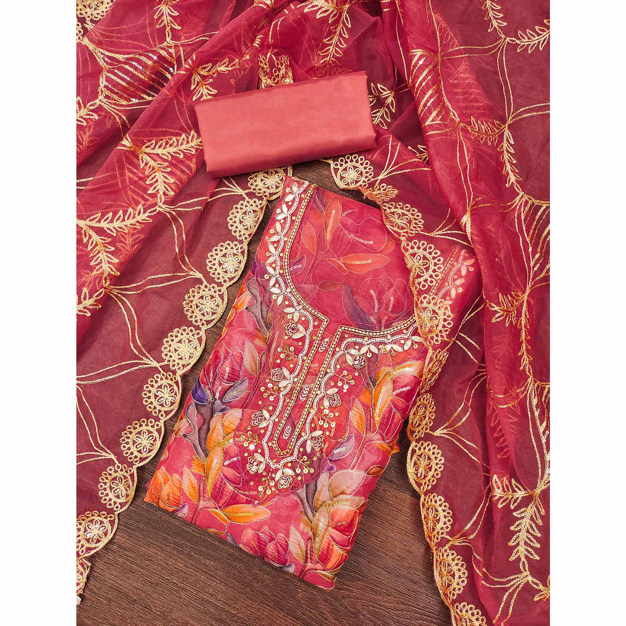 Gajri Pink Bloom Charm With Floral Print & Delicate Sequins & Moti Handwork Dress Material