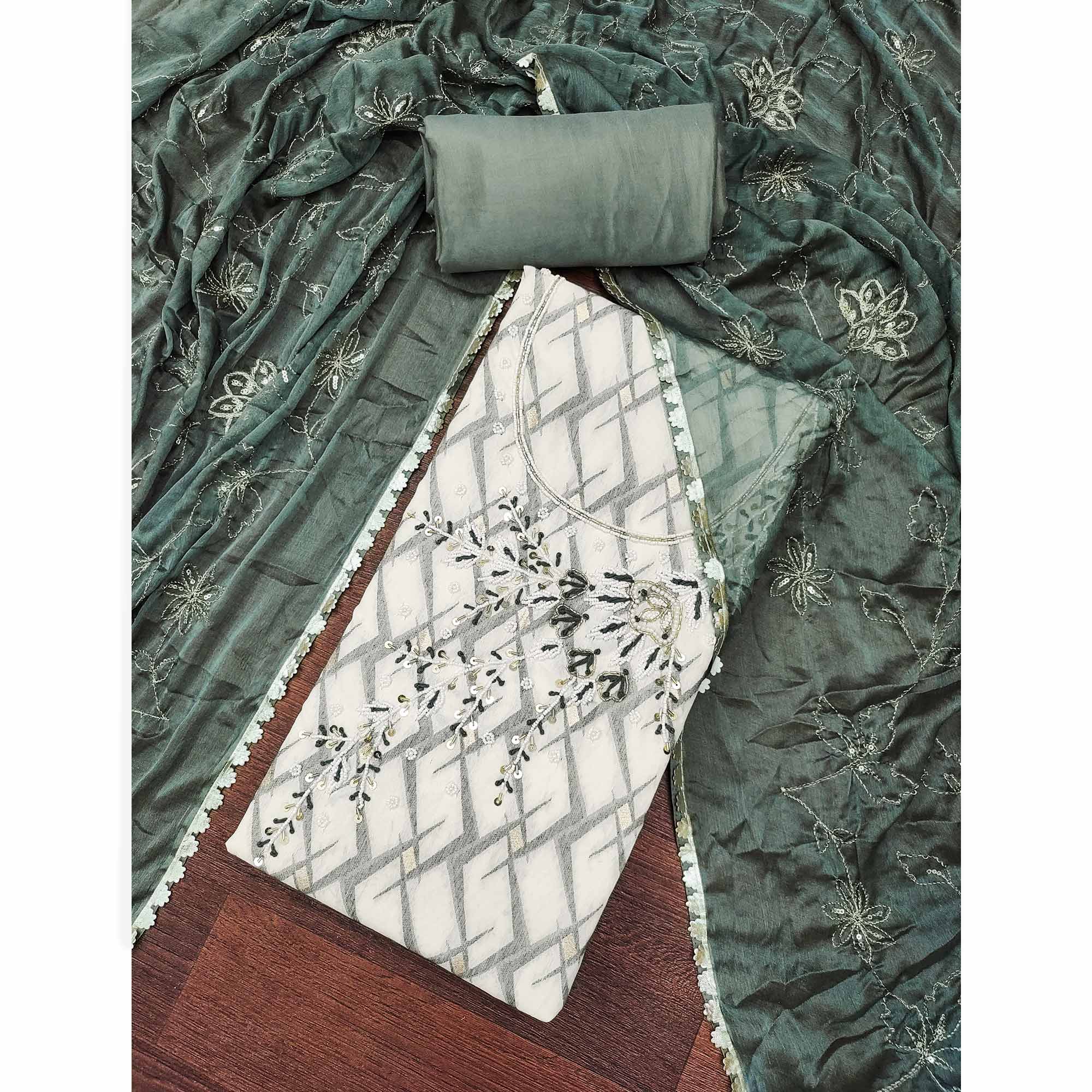 Dusty Sea Green Woven Banarasi Silk Dress Material With Intricate Moti & Sequins Handwork