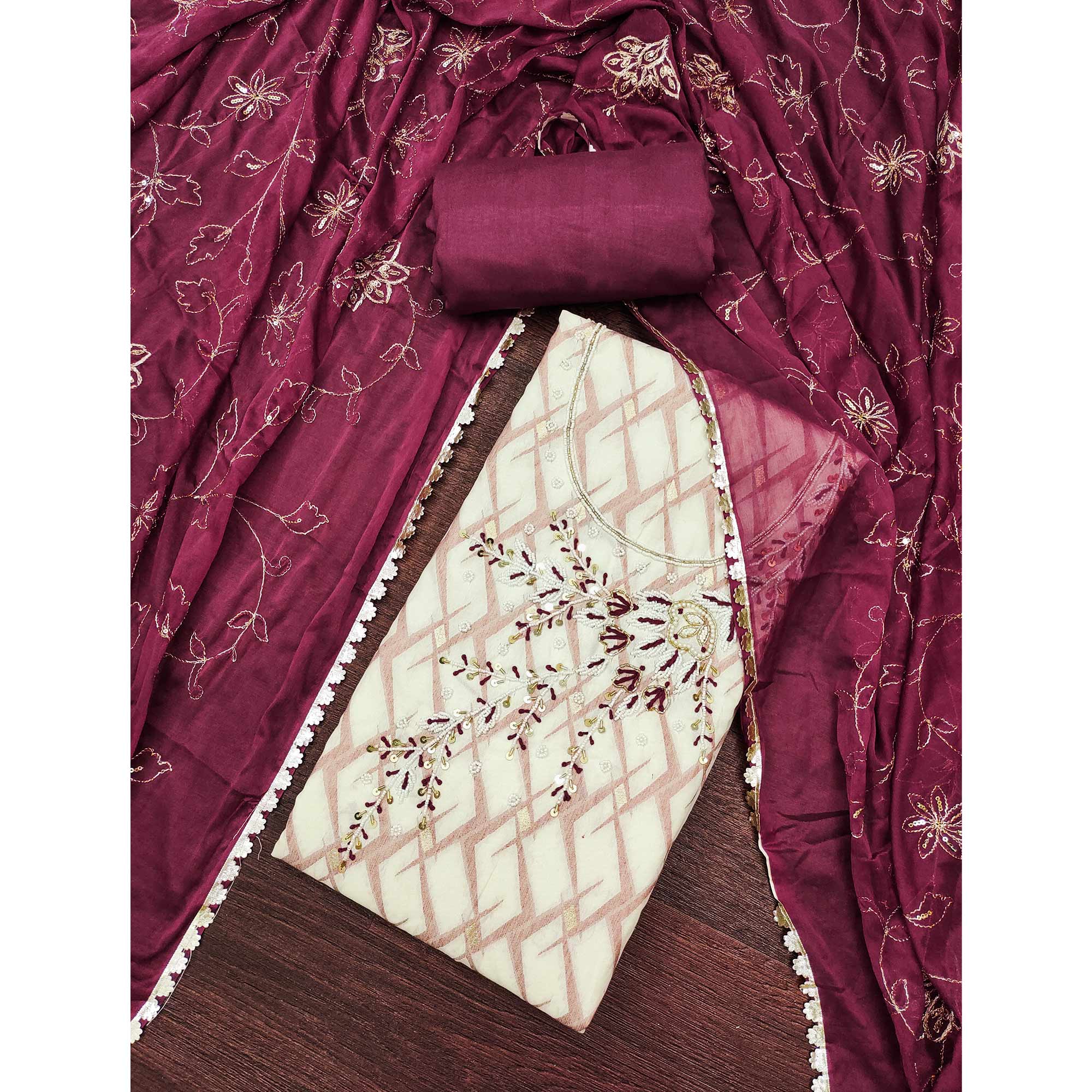 Wine Woven Banarasi Silk Dress Material With Intricate Moti & Sequins Handwork