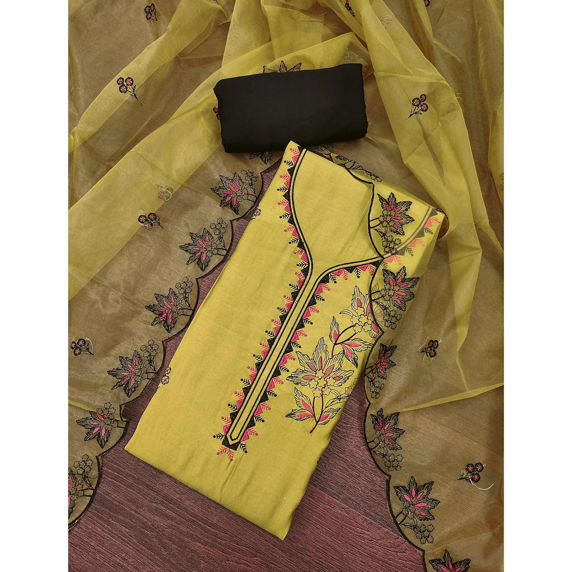 Yellow Cotton Silk Dress Material With Intricate Floral Thread Embroidery