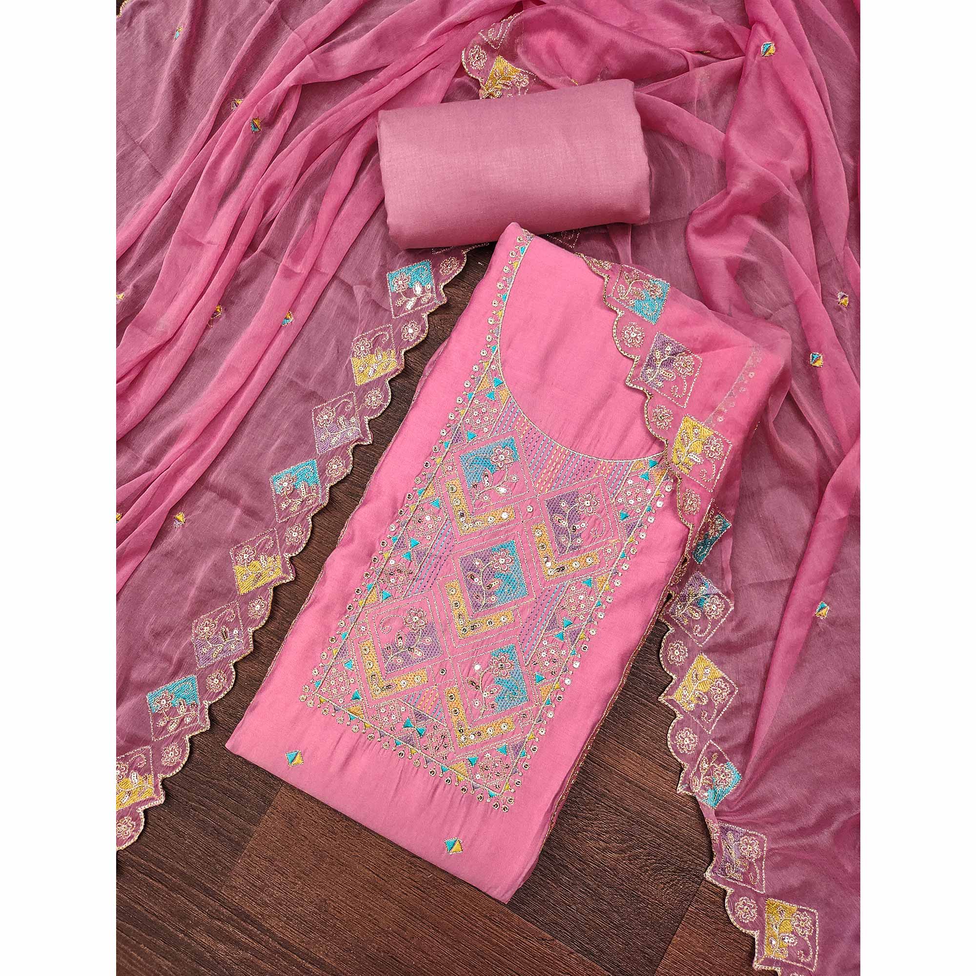 Pink Floral Embroidered Cotton Silk Dress Material With Glimmering Sequins Work