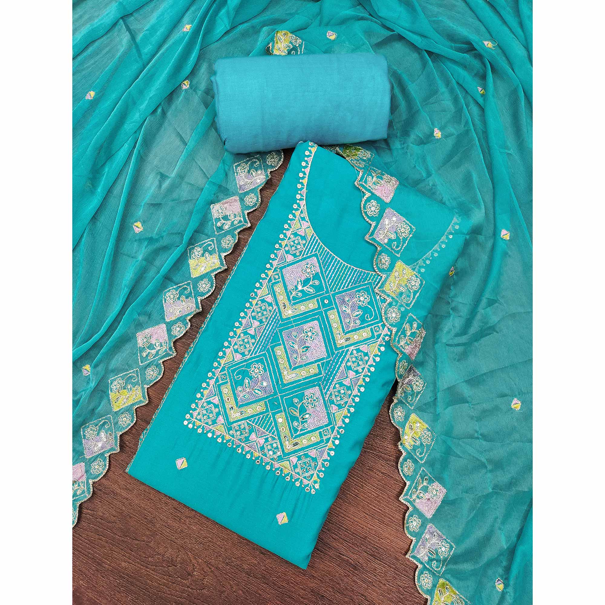 Turquoise Floral Embroidered Cotton Silk Dress Material With Glimmering Sequins Work