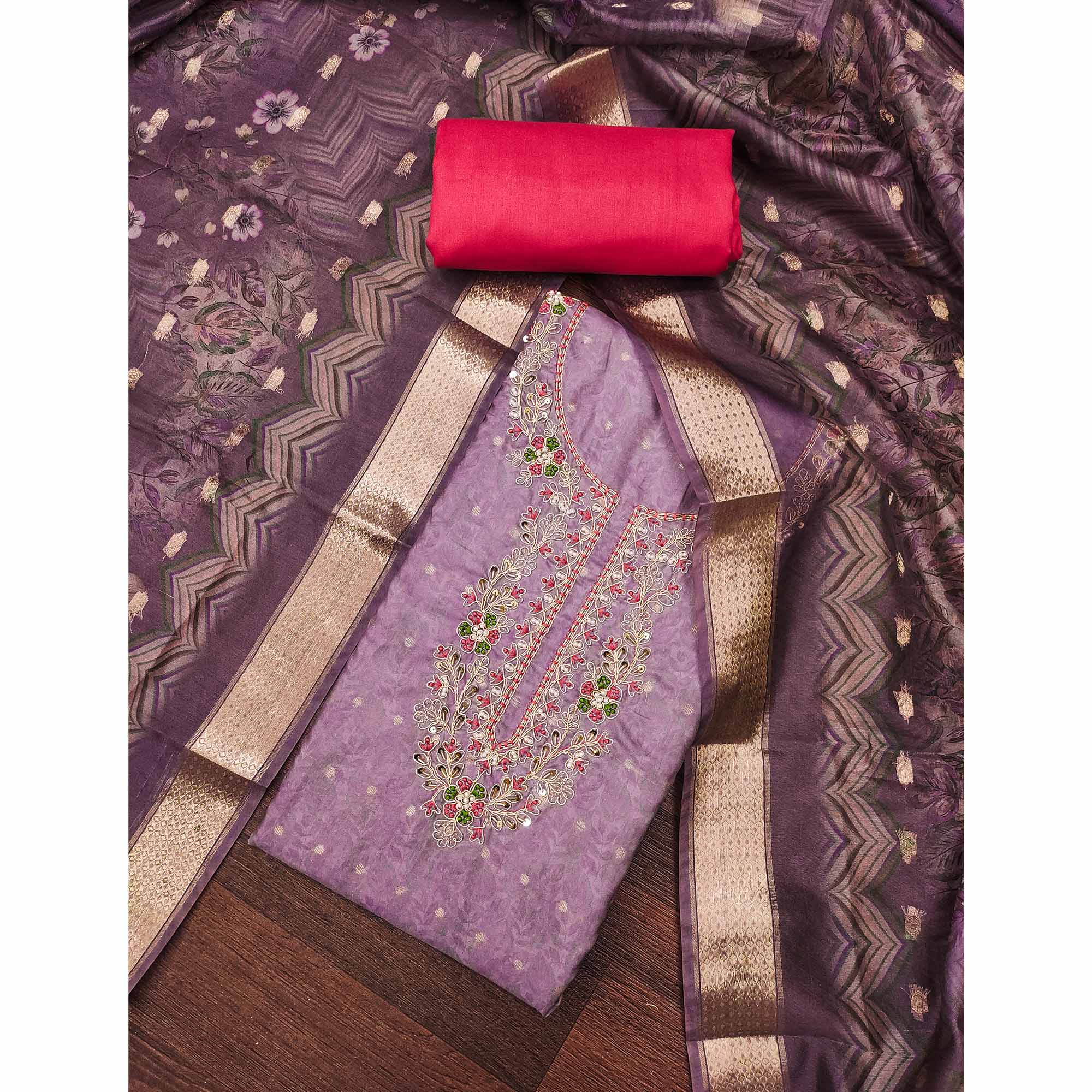 Purple Digital Printed Cotton Silk Dress Material With Intricate Moti & Sequins Handwork
