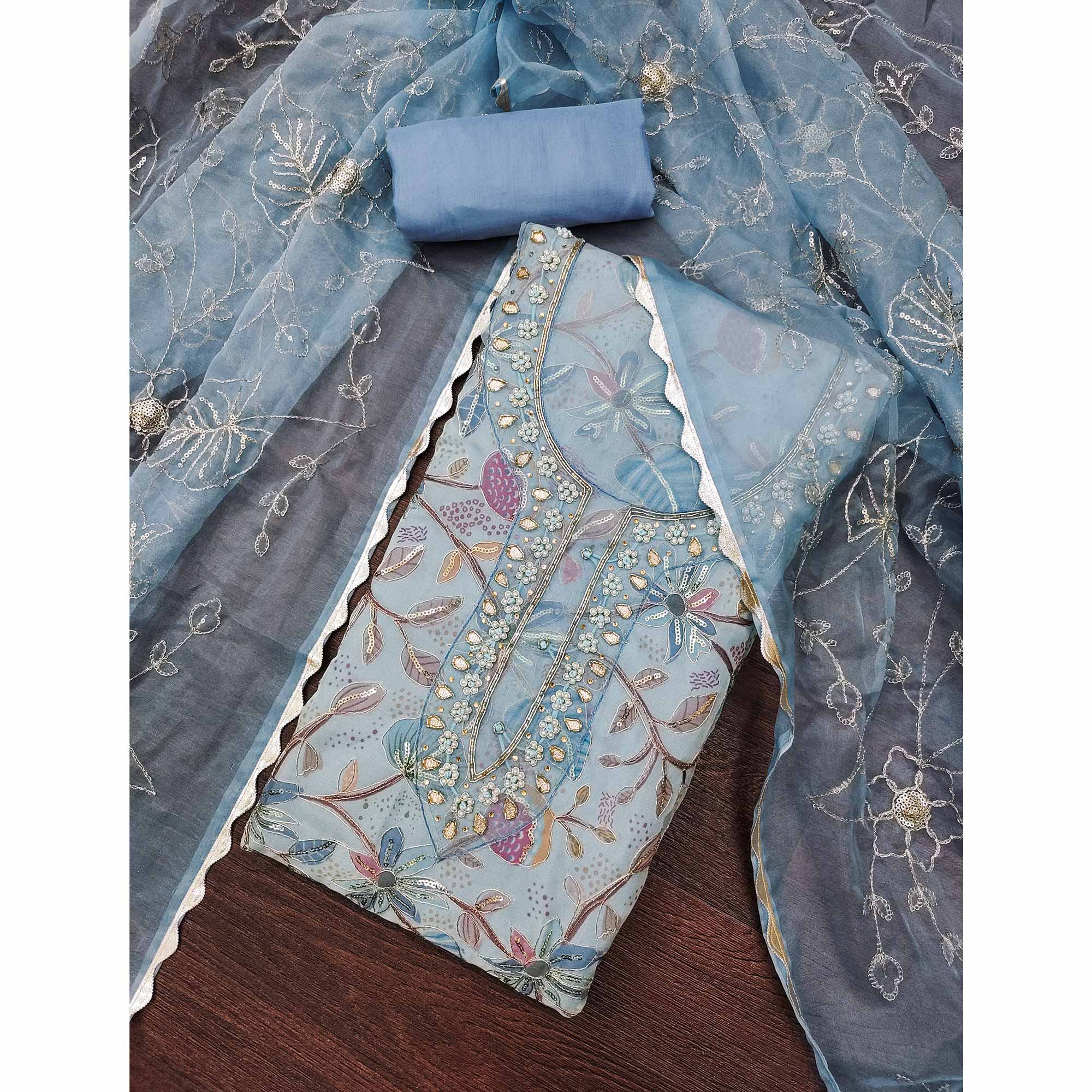 Blue Floral Elegance Dress Material With Handwork & Sequins On Organza