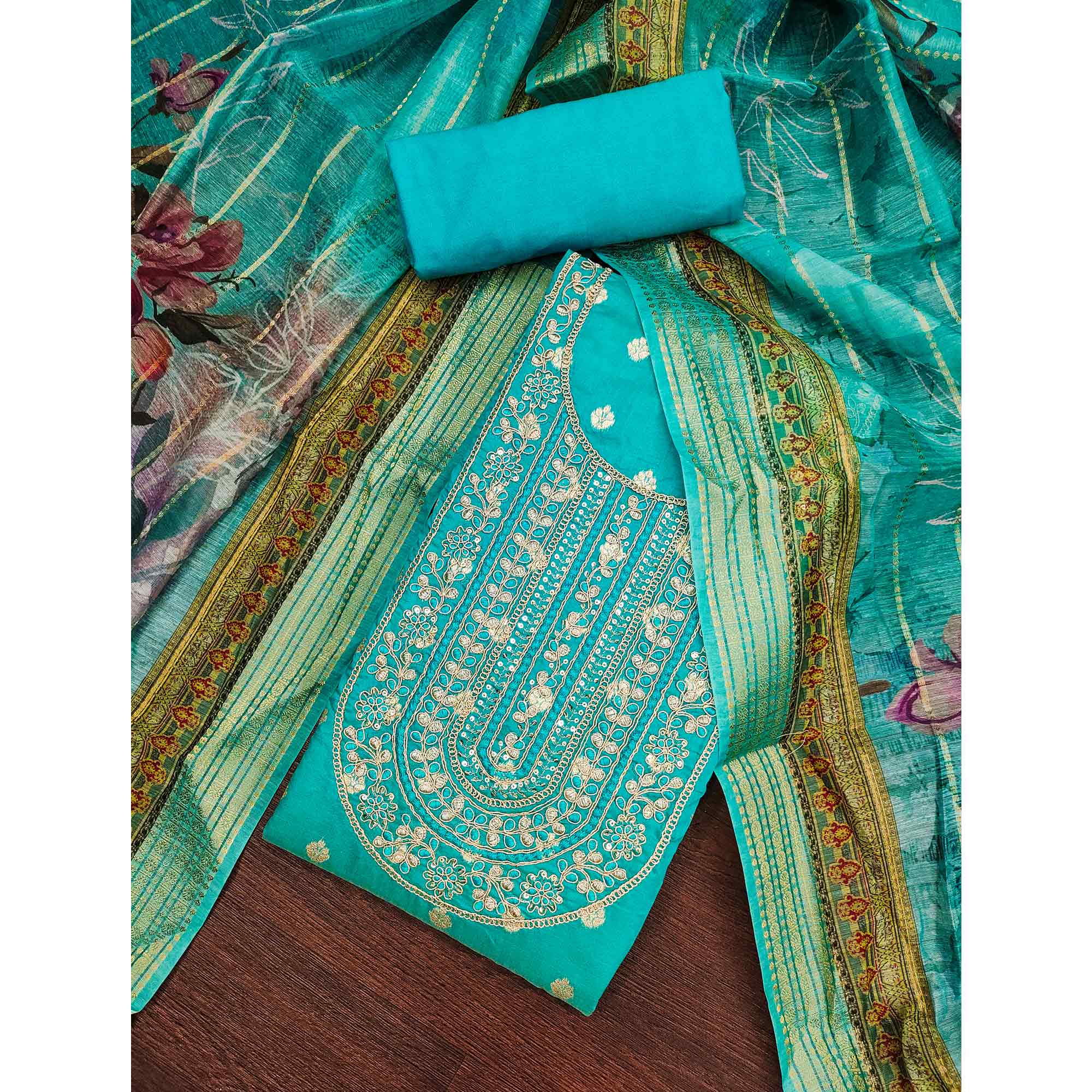 Turquoise Woven Banarasi Cotton Silk Dress Material Accented With Sequins Embroidery
