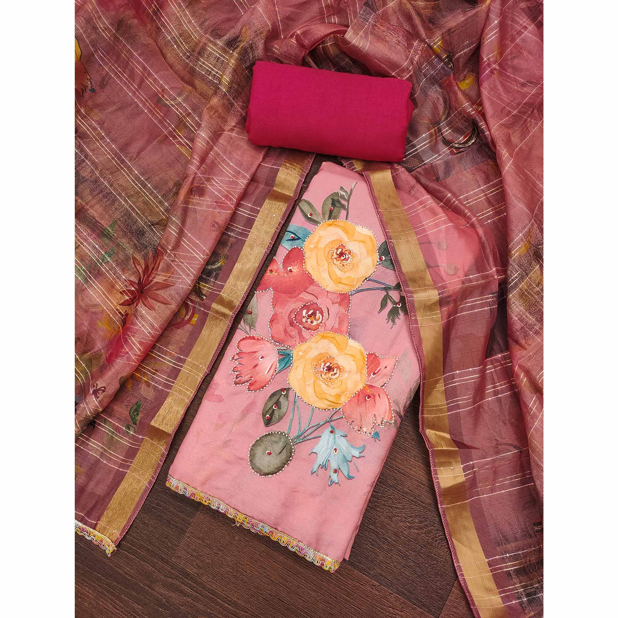 Pink Pure Cotton Dress Material With Floral Digital Print & Fine Handwork