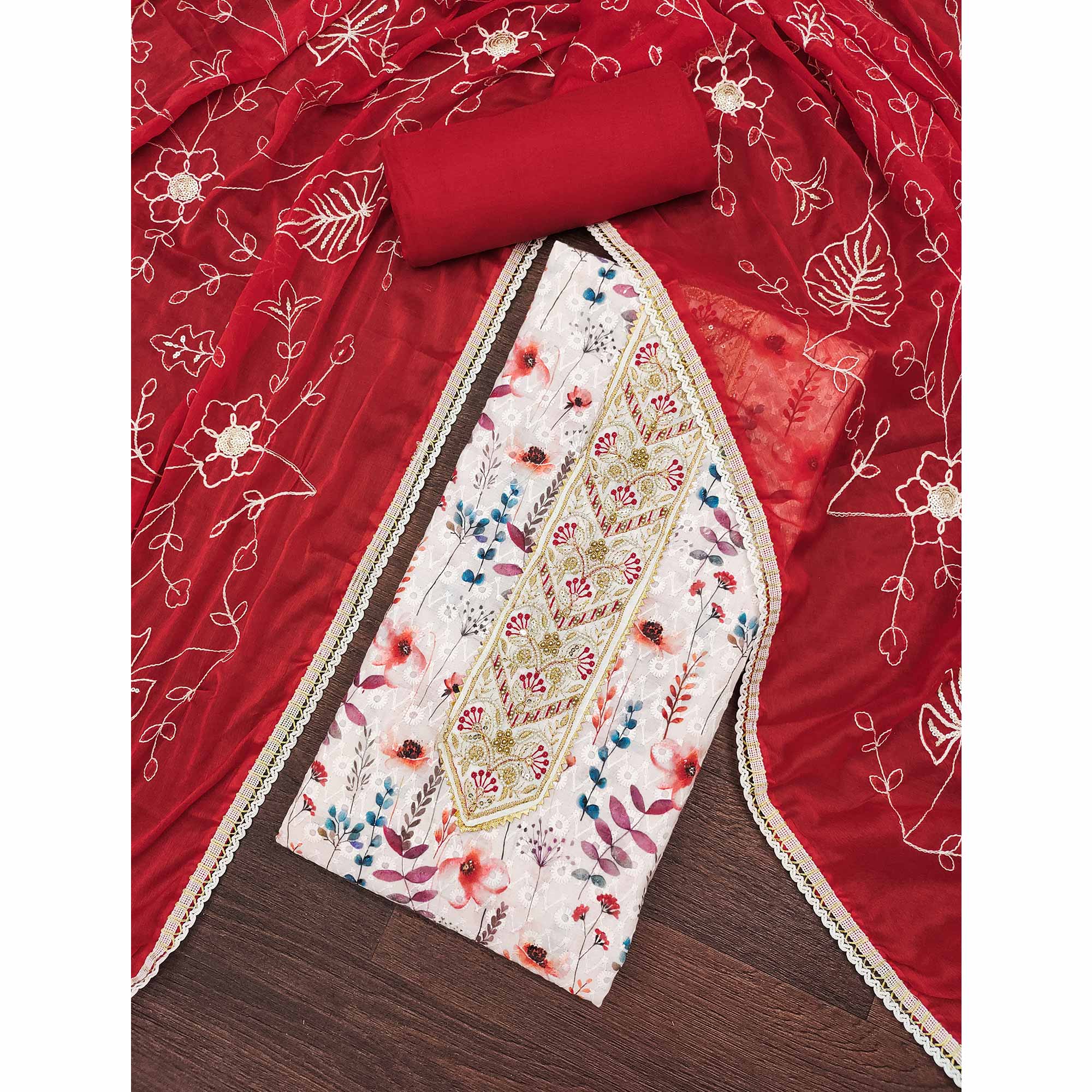 Red Pure Cotton Dress Material With Digital Florals & Handcrafted Sequins Embroidery