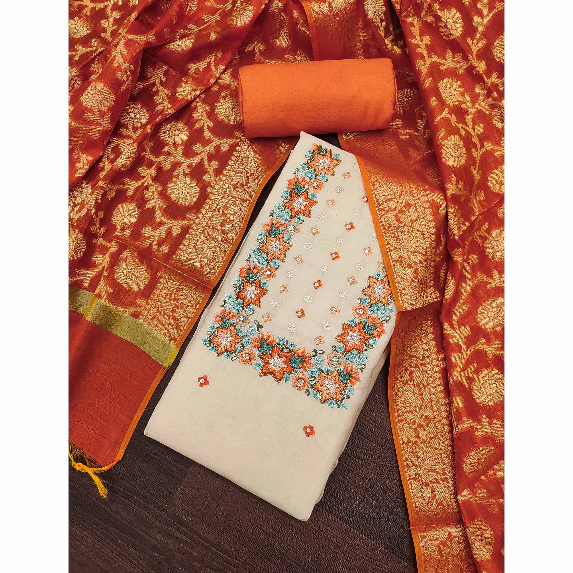 Floral Sequins Embroidered Cream & Orange Pure Cotton Dress Material With Delicate Handwork