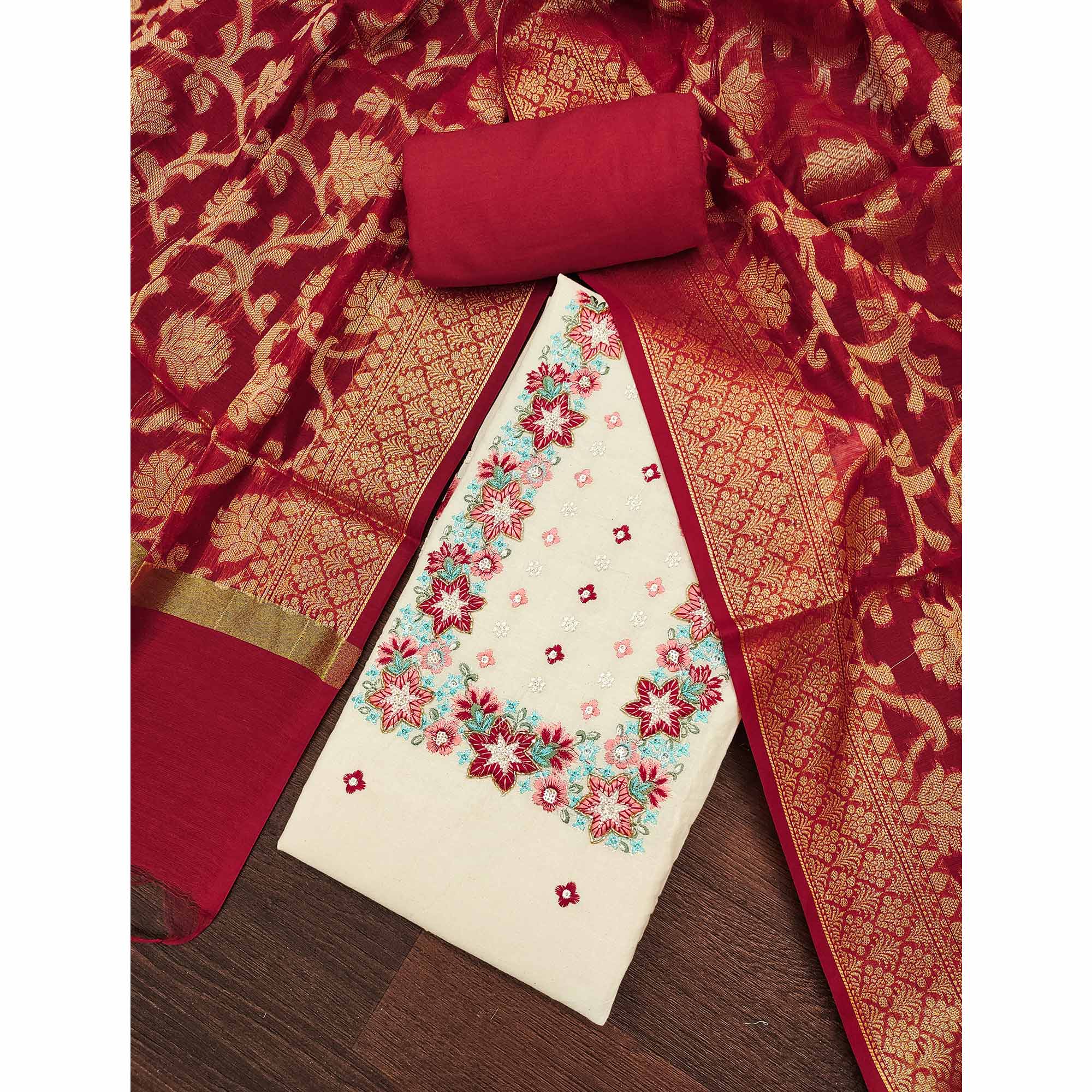 Floral Sequins Embroidered Cream & Red Pure Cotton Dress Material With Delicate Handwork