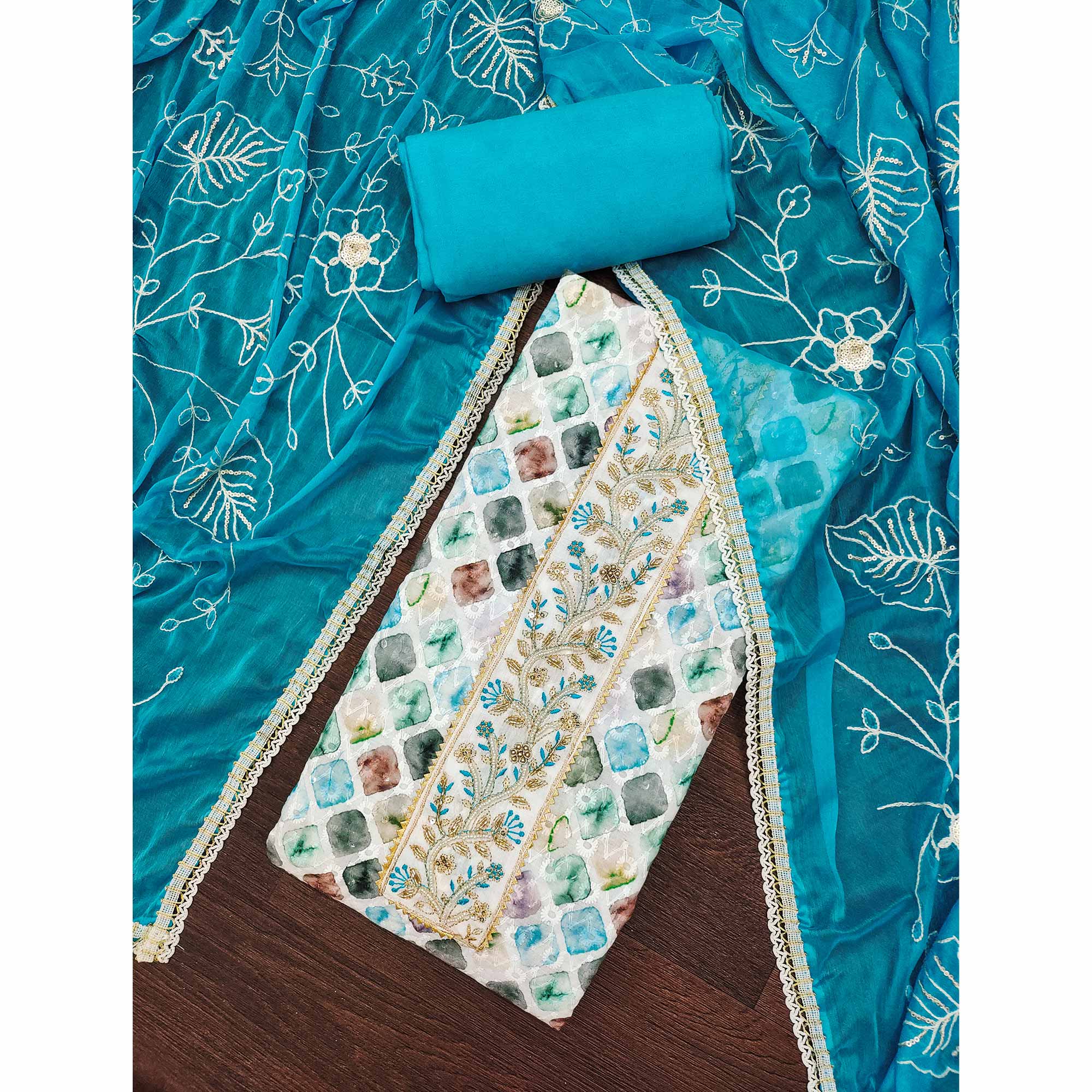 Blue Digital Printed With Sequins Embroidery & Handwork Pure Cotton Dress Material