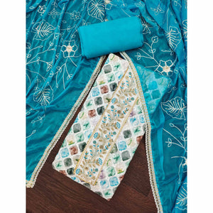 Blue Digital Printed With Sequins Embroidery & Handwork Pure Cotton Dress Material