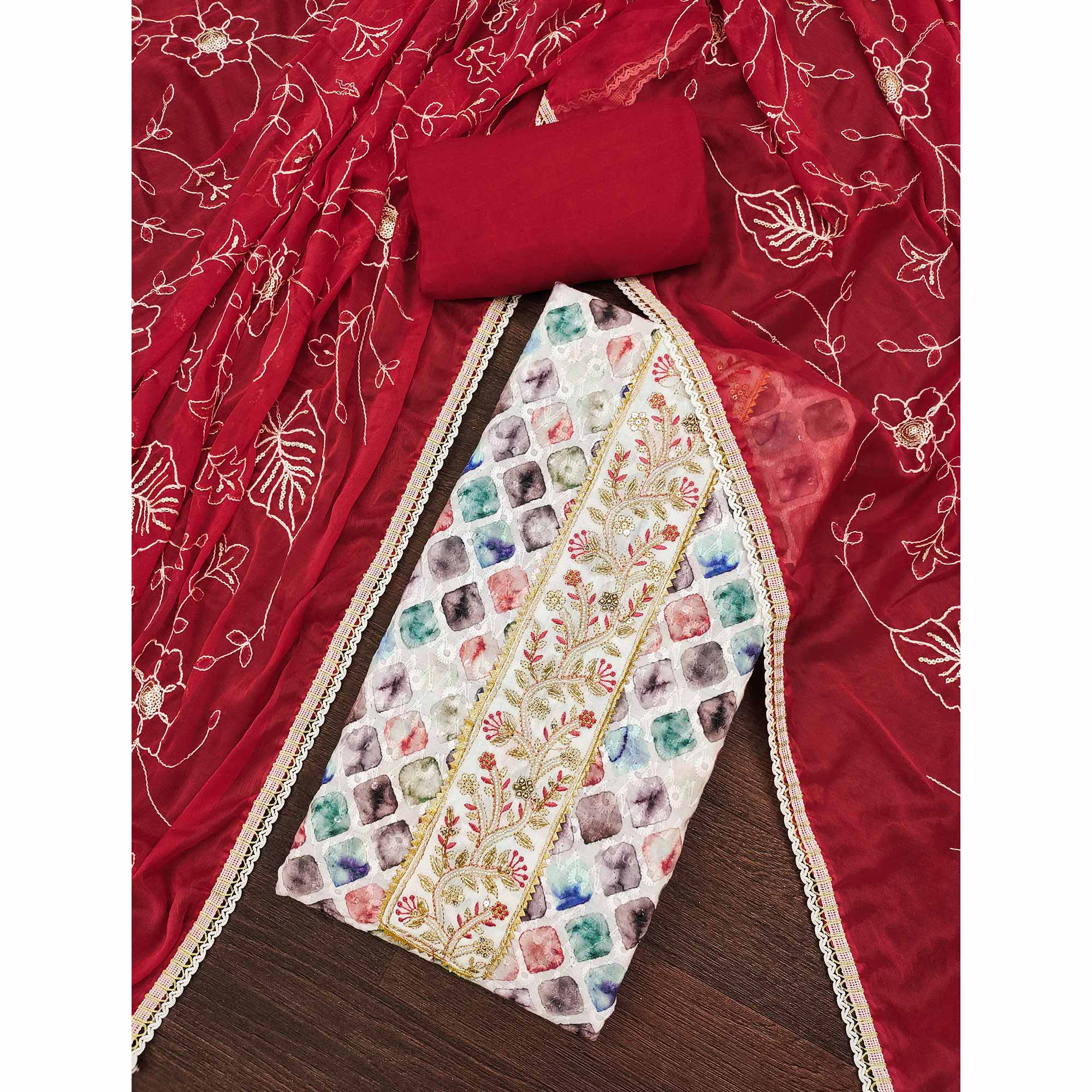 Red Digital Printed With Sequins Embroidery & Handwork Pure Cotton Dress Material