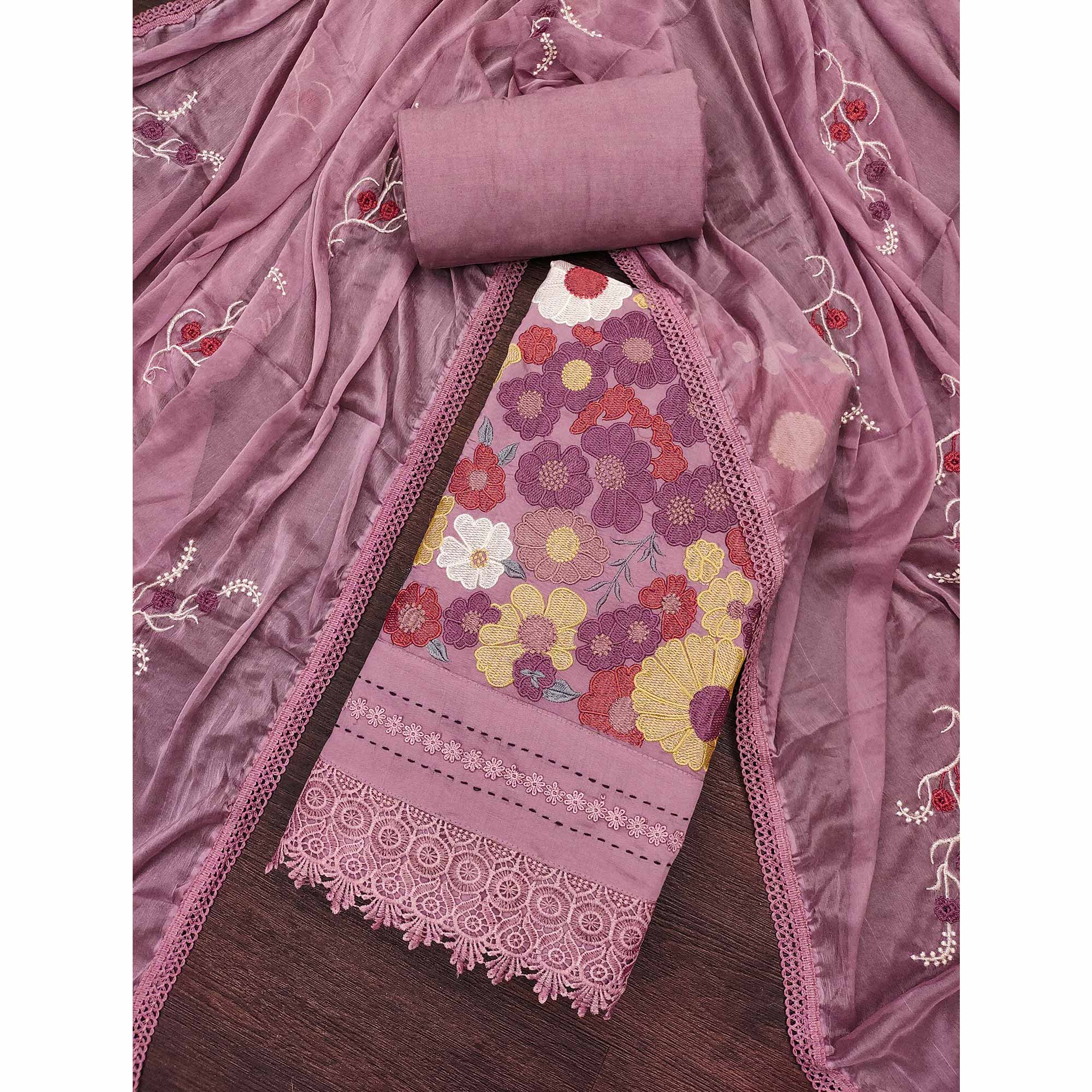 Mauve Roman Cotton Silk Dress Material Adorned With Elegant Floral Thread Embroidered Work