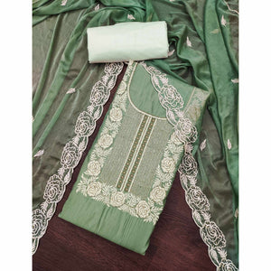 Green Cotton Silk Dress Material Embellished With Floral Embroidery & Intricate Handwork